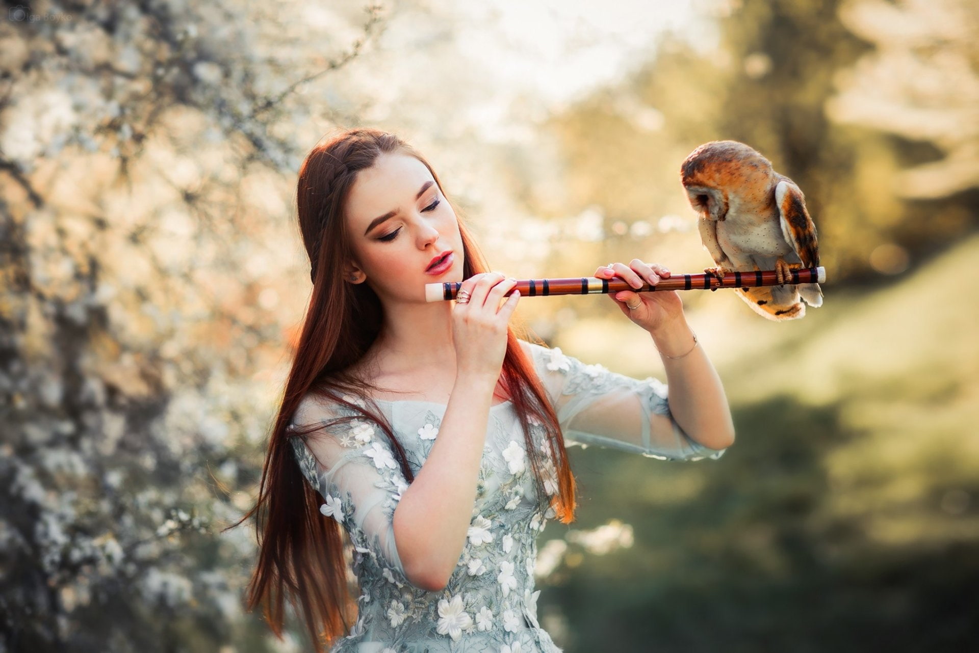 1080P, Long Hair, Women, Flute, Redhead, Woman, Girl, Bird, Owl, Depth Of Field, Model, Mood, Dress, HD Wallpaper