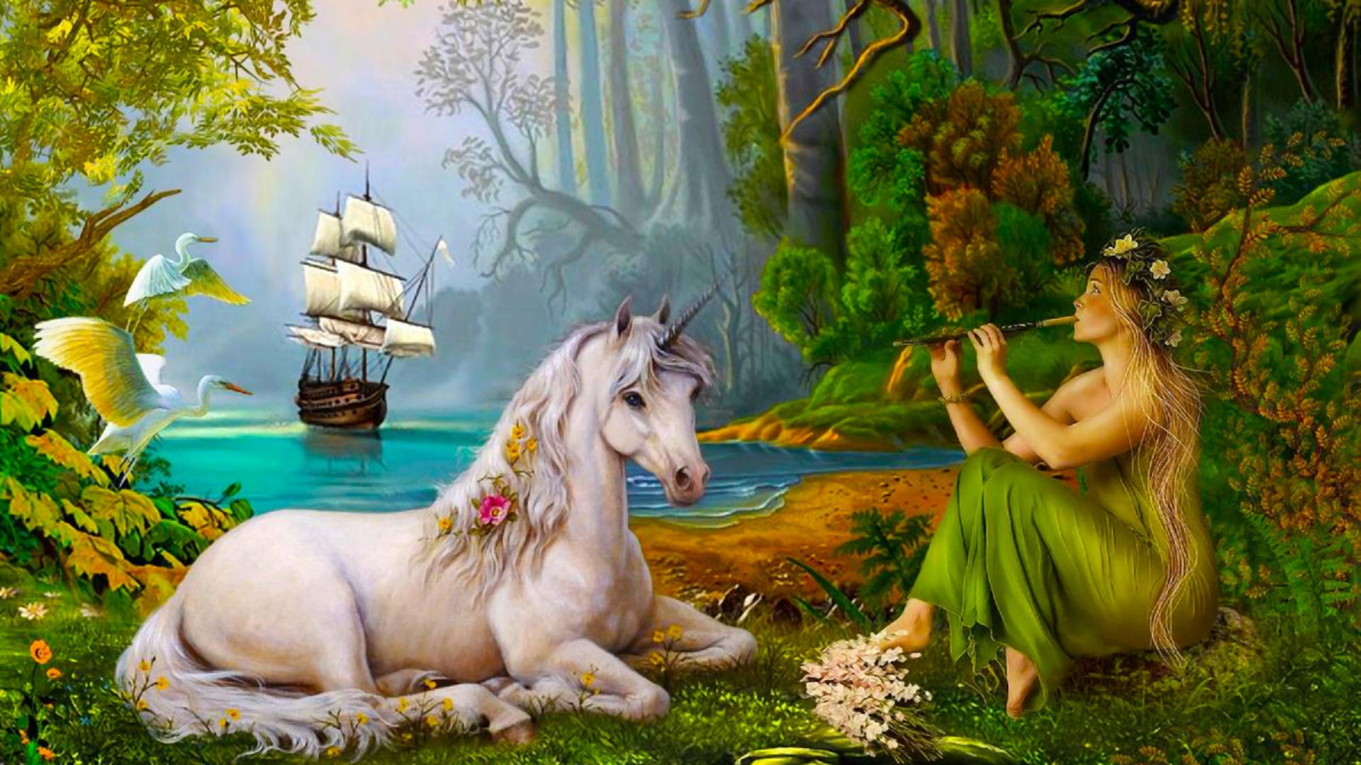 tree, growth, Ship, Forest, plant part, Fantasy Animals, Sailboat, pets, vertebrate, representation, Fantasy, Unicorn, 1080P, Boat, Bird, plant, mammal, HD Wallpaper