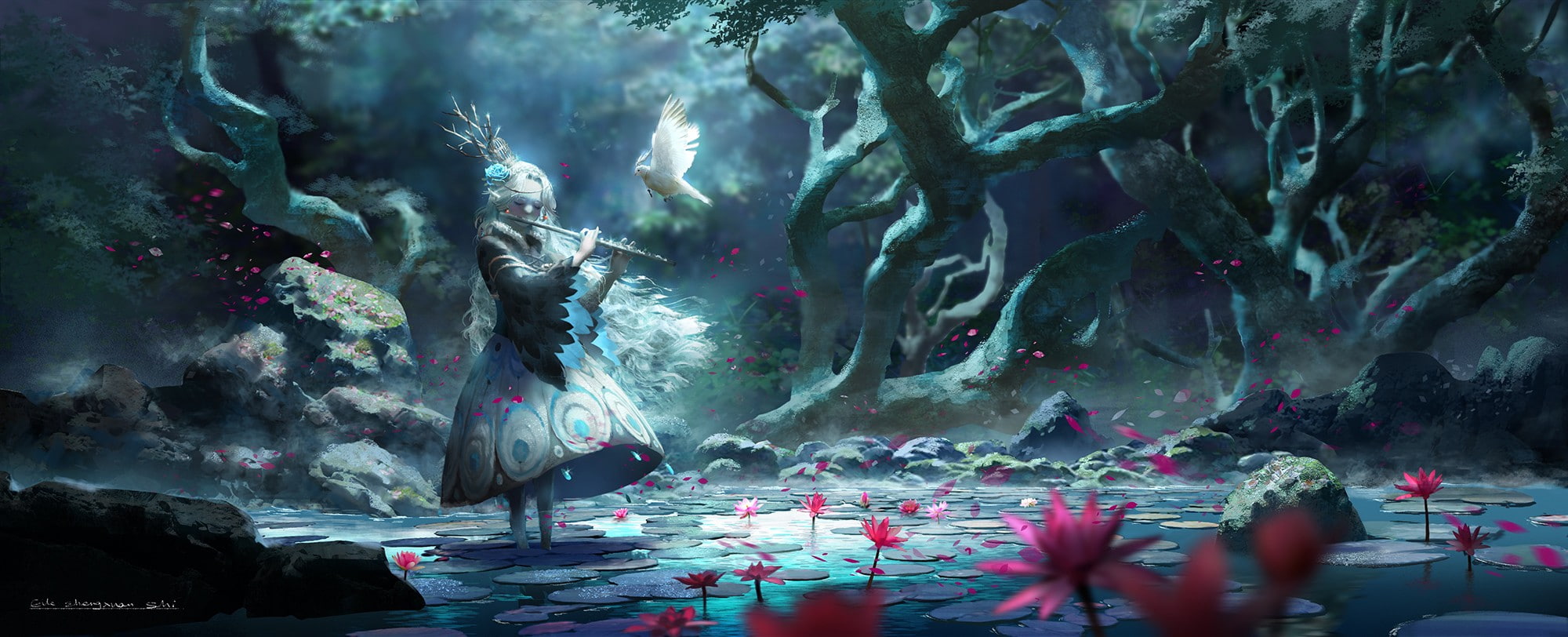 1080P, water lilies, forest, birds, flute, HD Wallpaper