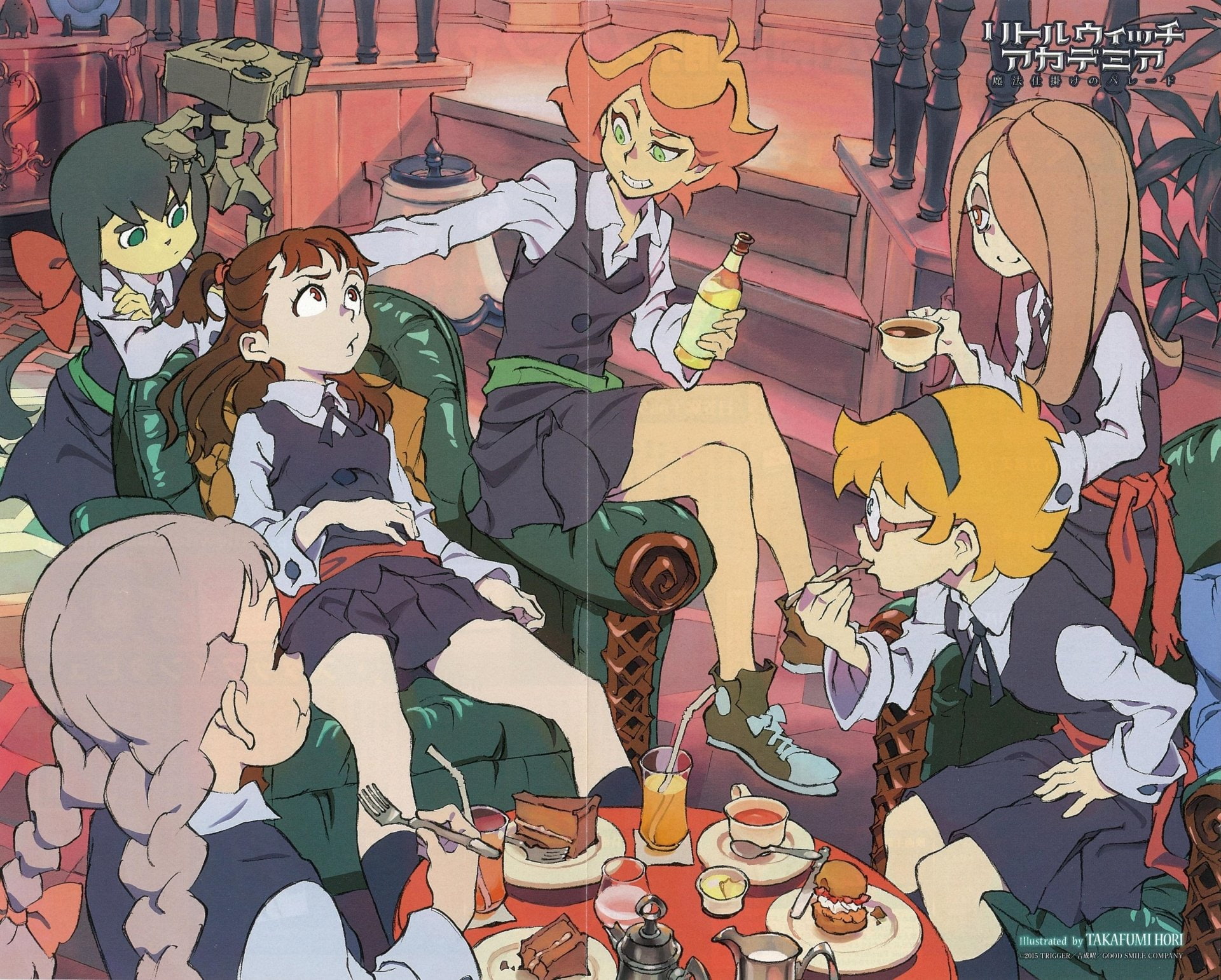 crowd, Little Witch Academia, Lotte Yanson, mural, multi colored, Sucy Manbavaran, microphone, Anime, 1080P, adult, representation, built structure, art and craft, HD Wallpaper