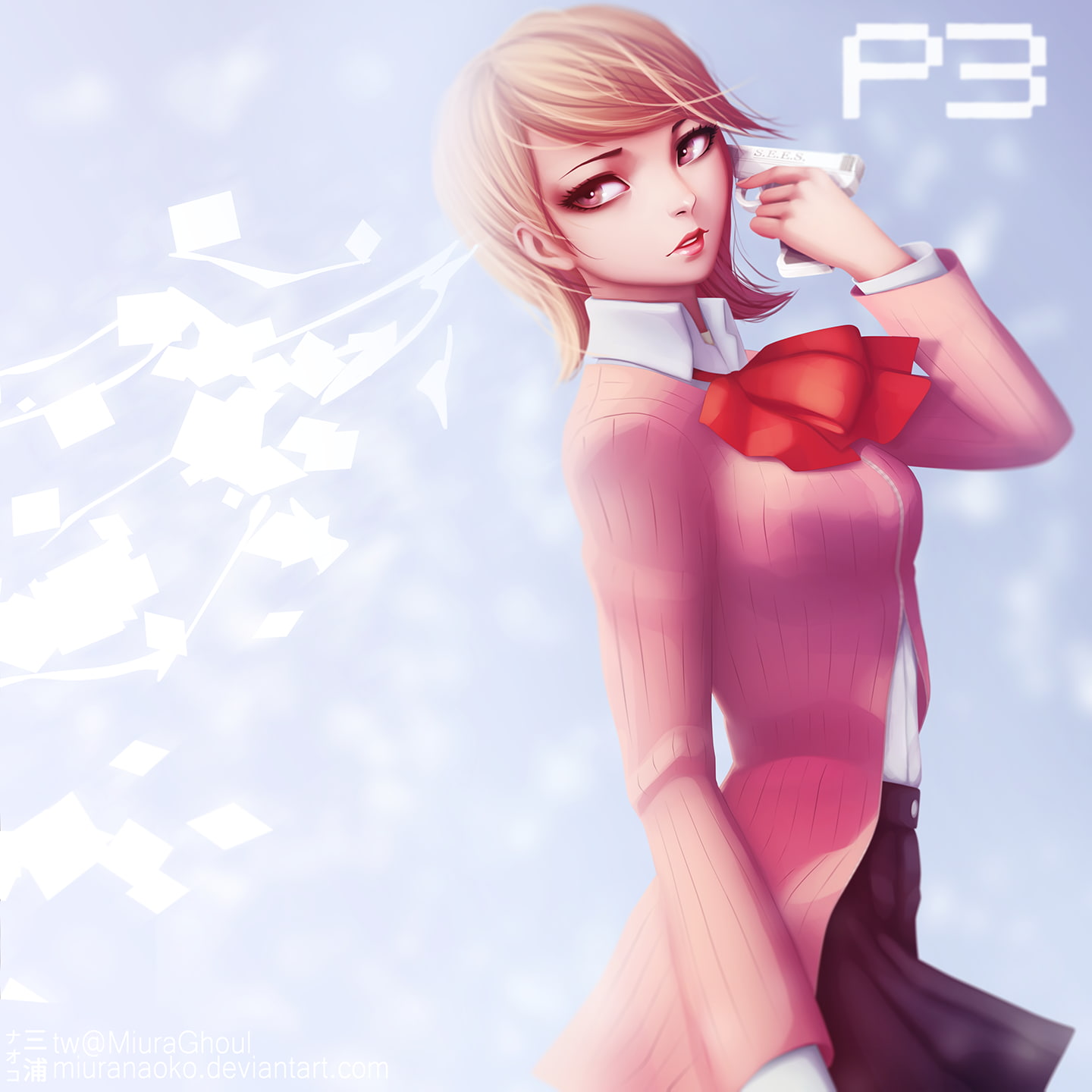 females, blond hair, hair, women, weapon, gun, sky, fashion, beauty, one person, looking at camera, pink color, portrait, Persona series, anime, beautiful woman, Phone HD Wallpaper