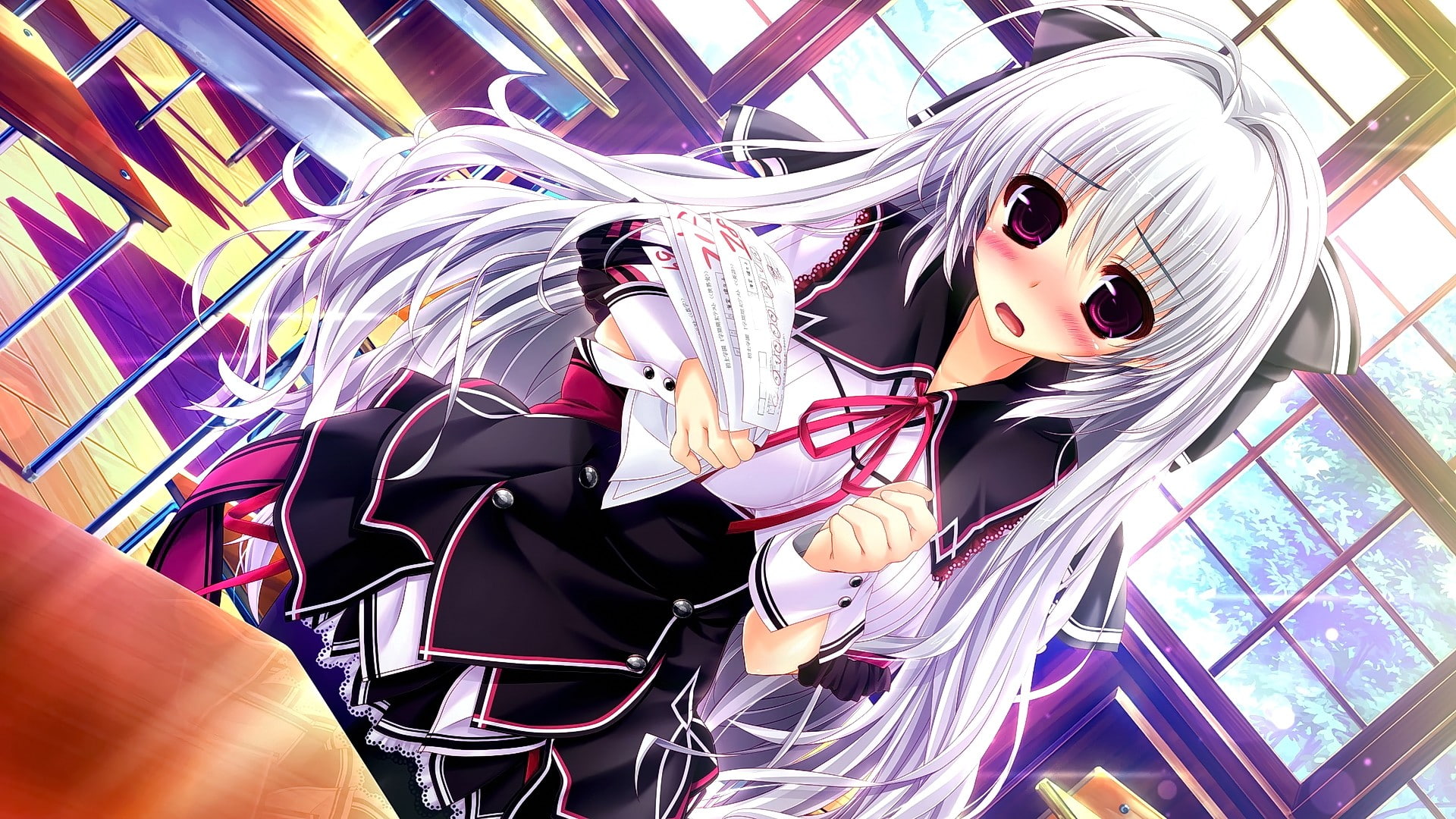 visual novel, anime, Kaidou Ririko, classroom, paper, white hair, 1080P, anime girls, school uniform, Sakigake Generation, HD Wallpaper