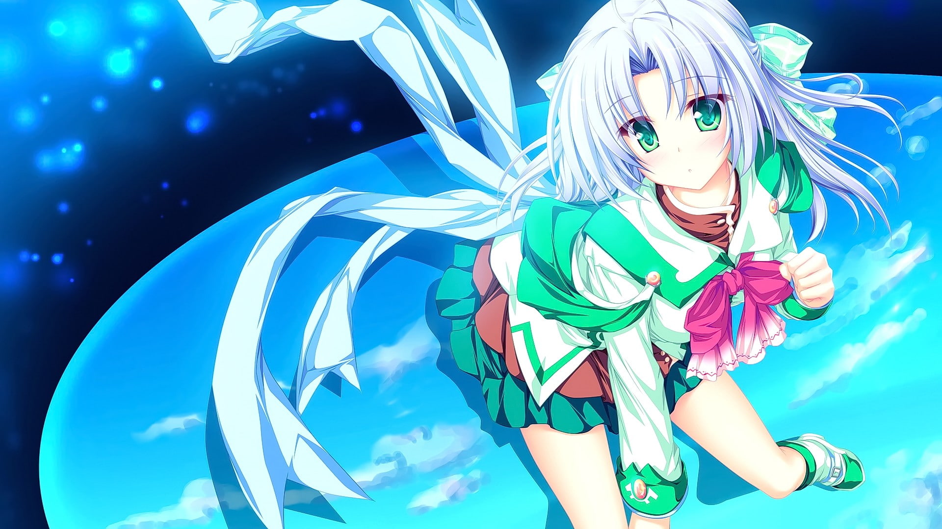 looking at viewer, anime girls, school uniform, long hair, visual novel, 1080P, green eyes, Magus Tale, anime, white hair, HD Wallpaper