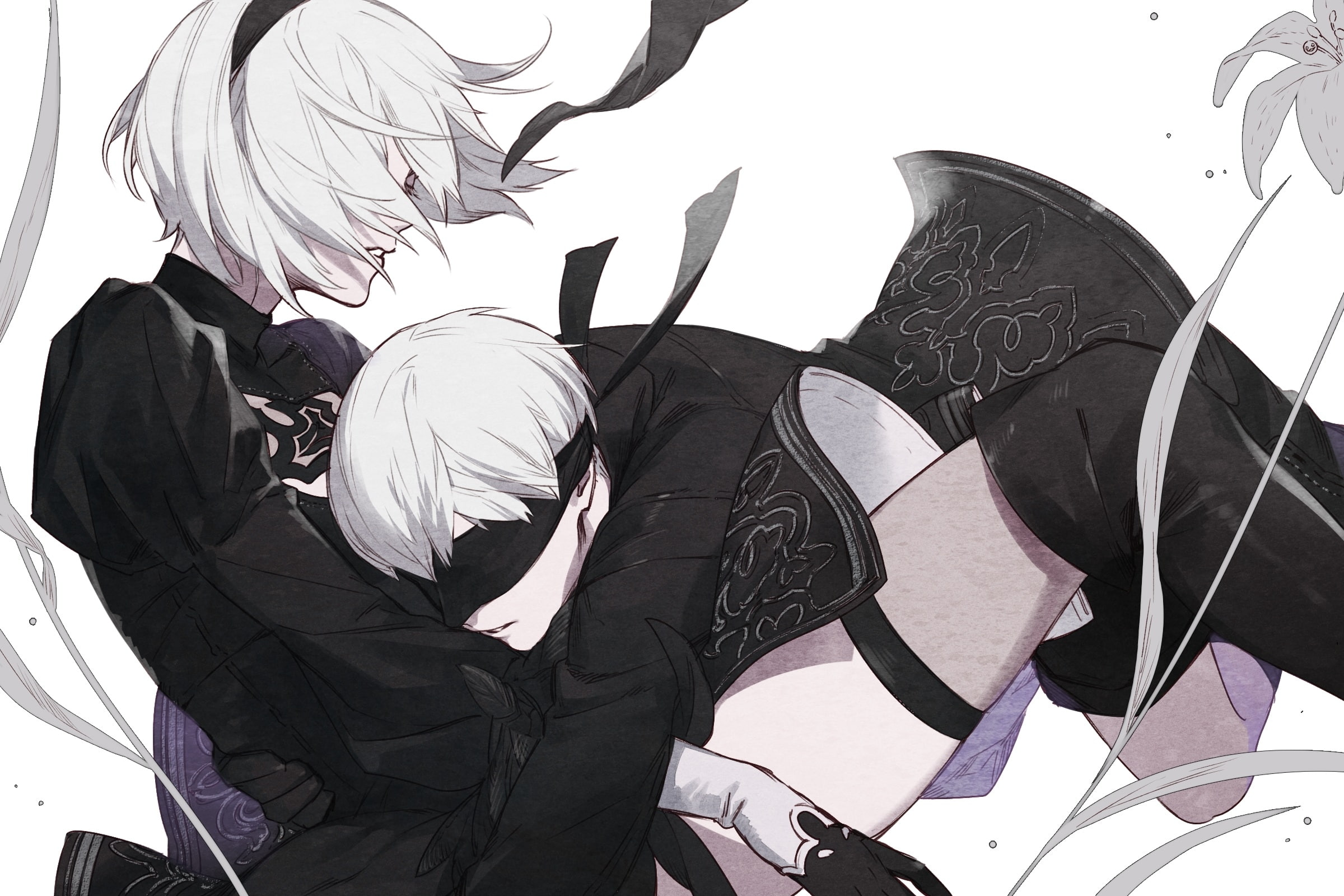 nature, hug, mask - disguise, lifestyles, obscured face, art and craft, anime style, mask, close-up, 1080P, yorha no.2 type b, low angle view, yorha no. 9 type s, HD Wallpaper