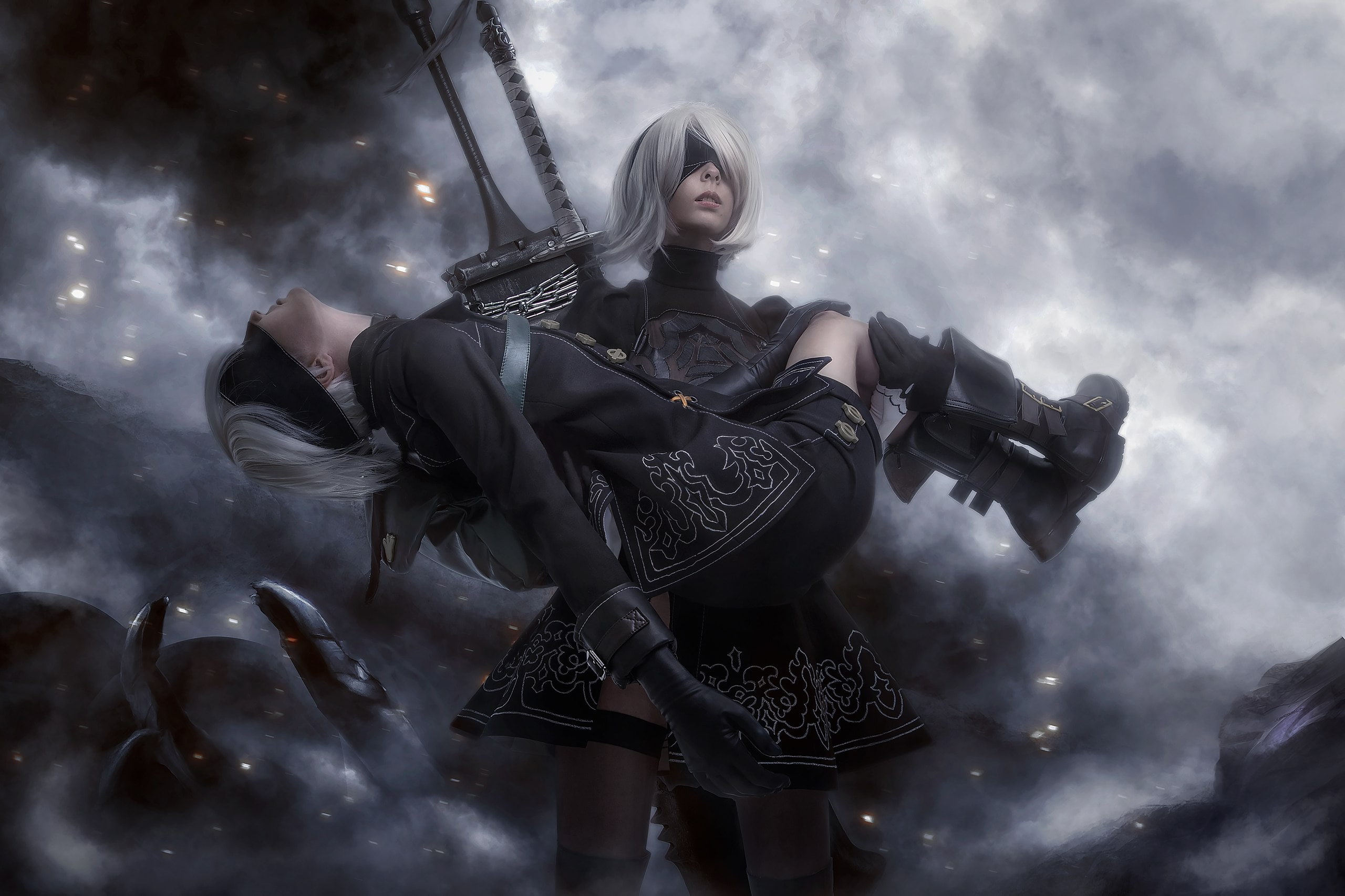 girl, YoRHa No. 2 type B, 2K, fire, YoRHa No. 9 type S, smoke, NieR: Automata, guy, cosplay, HD Wallpaper