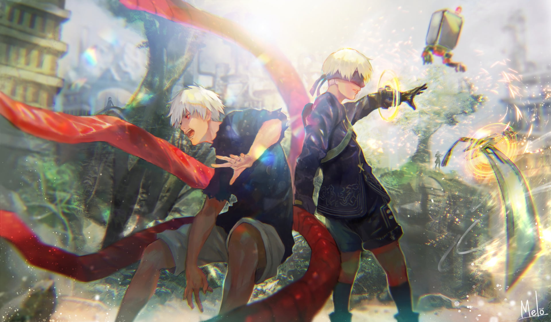 animal wildlife, swimming, Crossover, NieR: Automata, full length, festival, fish, nature, 1080P, YoRHa No.9 Type S, day, Tokyo Ghoul, lifestyles, positive emotion, HD Wallpaper