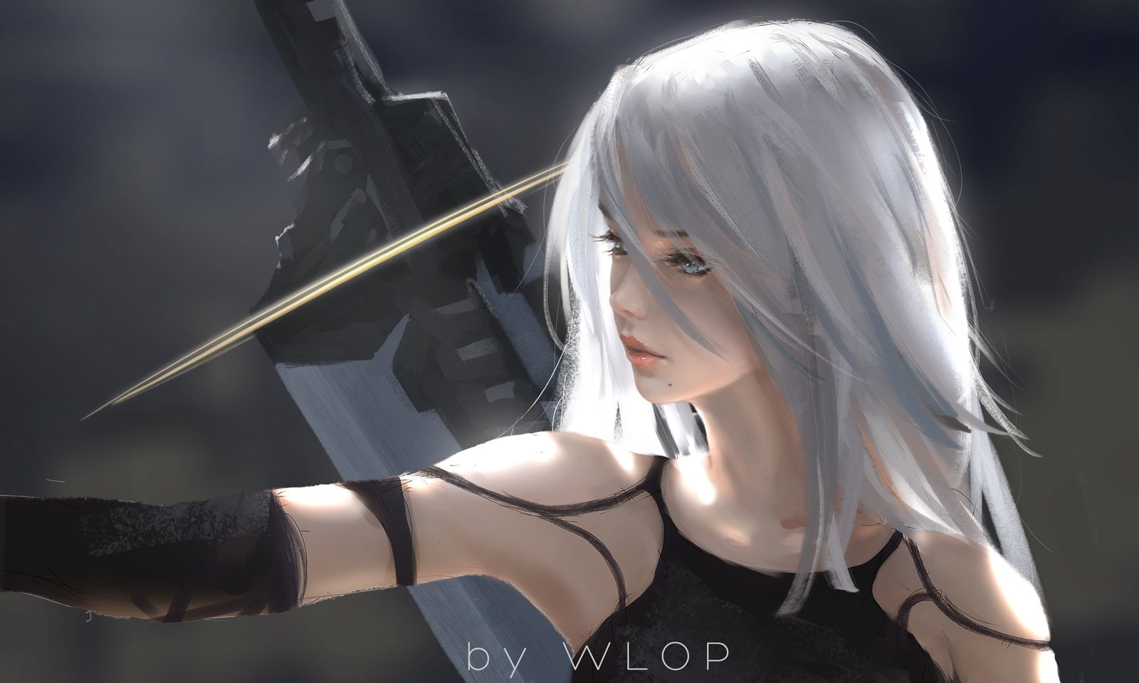 yorha no.2 type a, Anime, white hair, sword, painting, nier: automata, 720P, HD Wallpaper