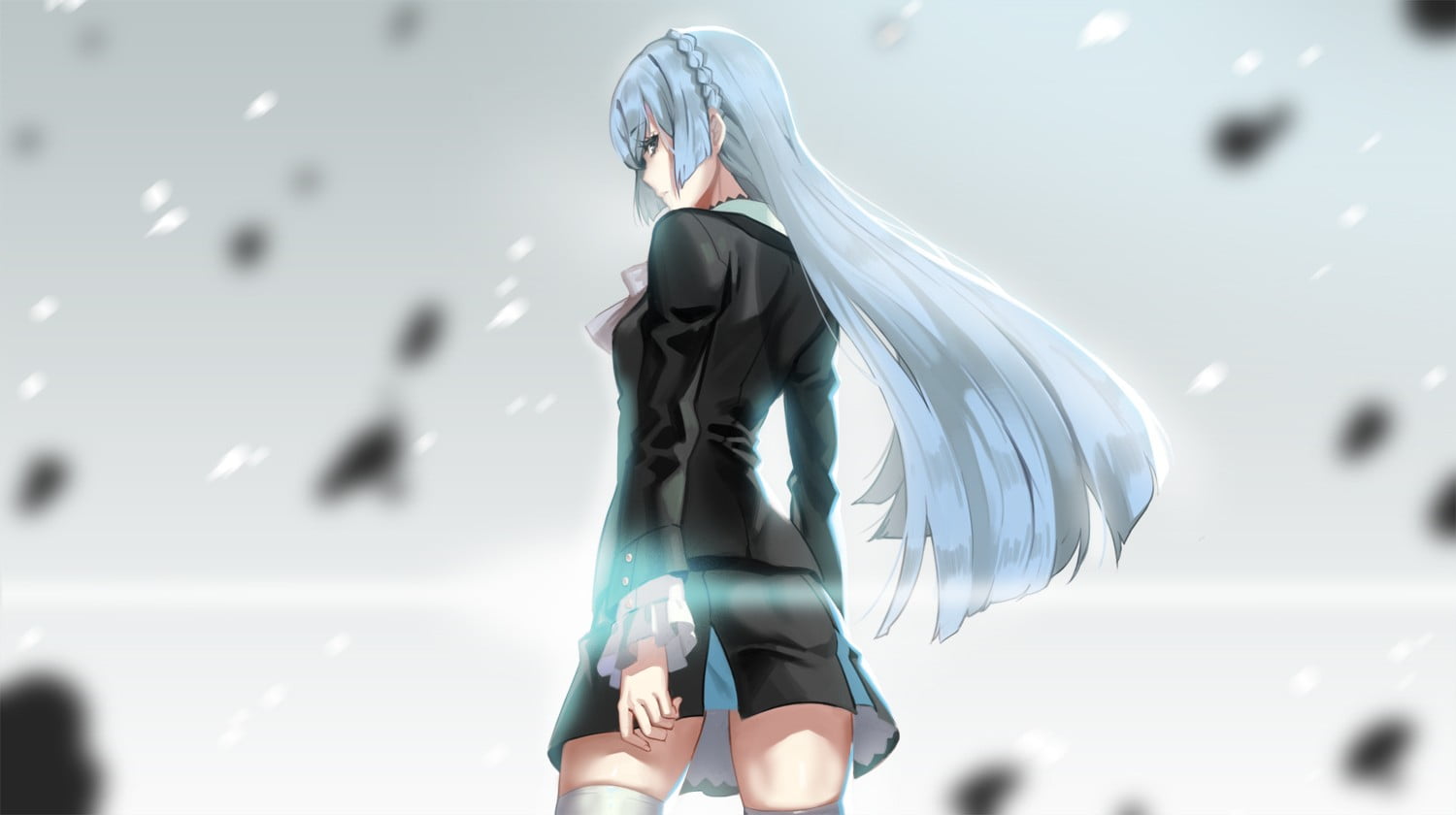hairstyle, skirt, technology, standing, full length, thigh-highs, Kiznaiver, motion, side view, Sonozaki Noriko, obscured face, long hair, three quarter length, HD Wallpaper