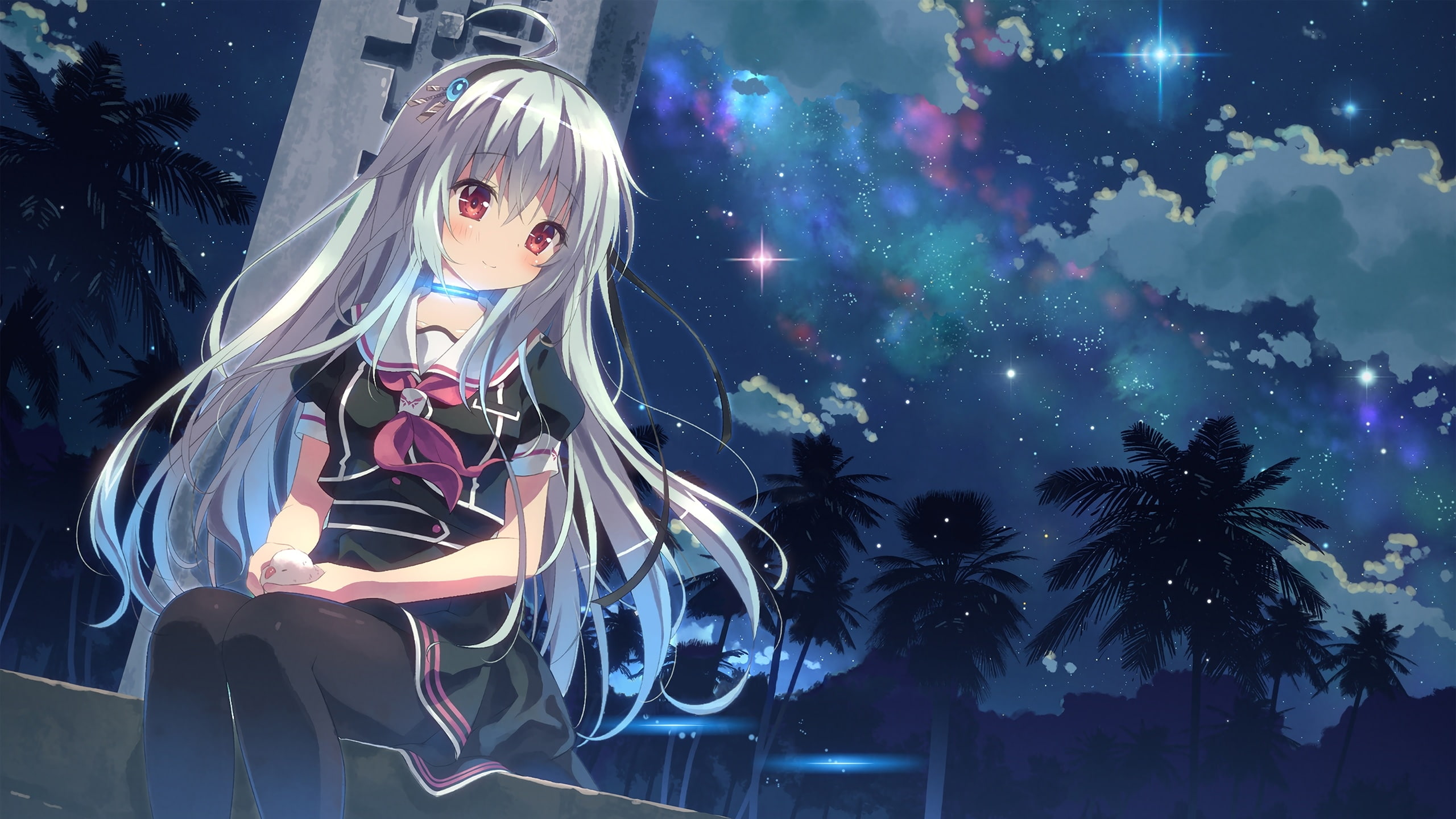 built structure, palm tree, women, sitting, night, lifestyles, trinoline, Anime, plant, nature, representation, visual novel, outdoors, clouds, illuminated, HD Wallpaper