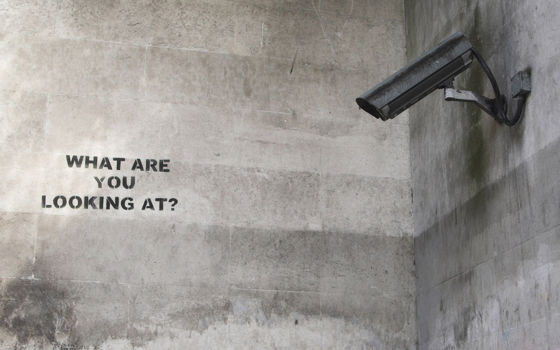 Banksy, low angle view, built structure, wall - building feature, wall, Tf2, security camera, close-up, building exterior, day, western script, communication, HD Wallpaper