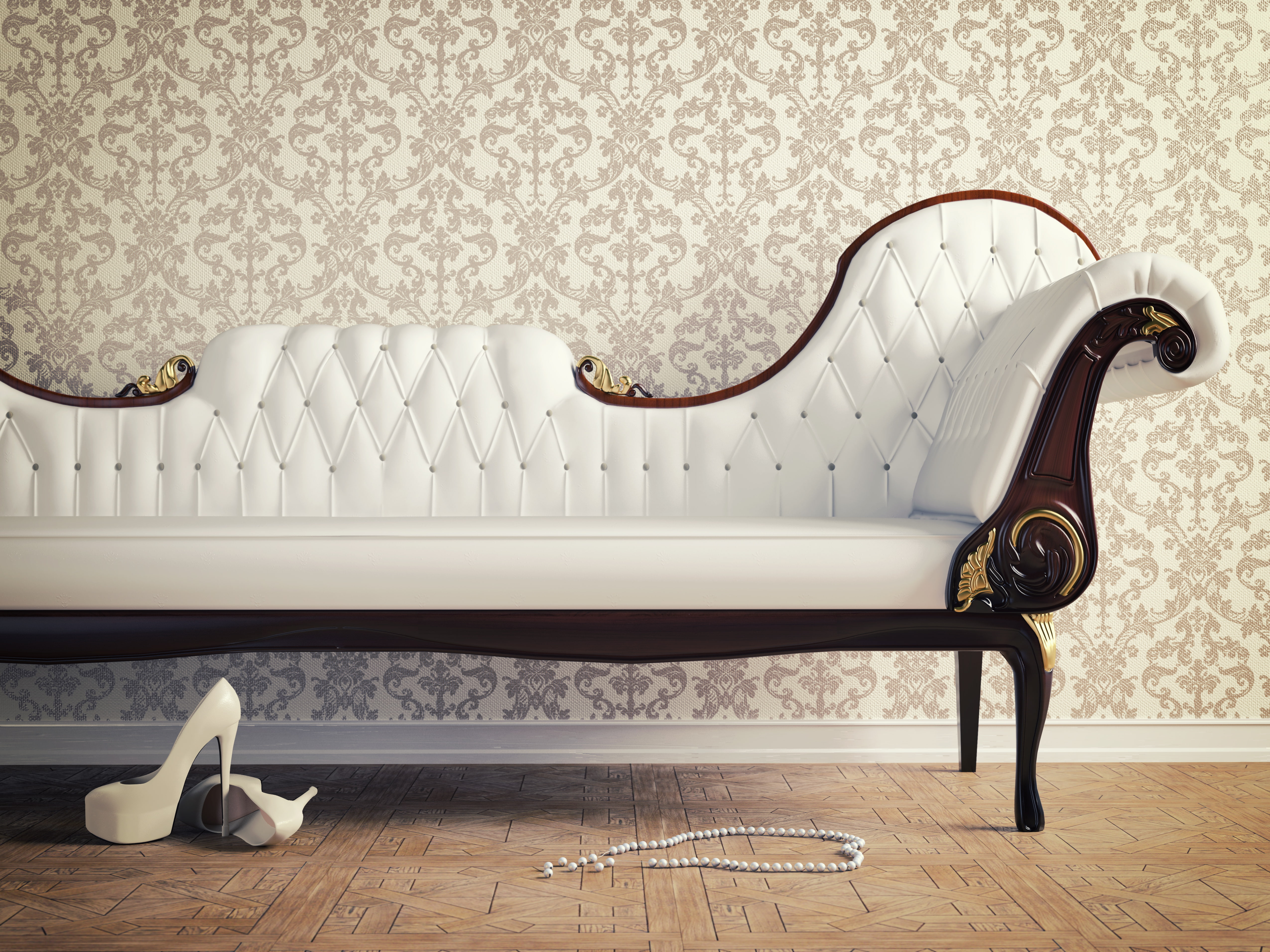 floral pattern, heels, pattern, shoes, hardwood floor, white, no people, 4K, chair, seat, futon, home, sofa, domestic room, technology, indoors, HD Wallpaper