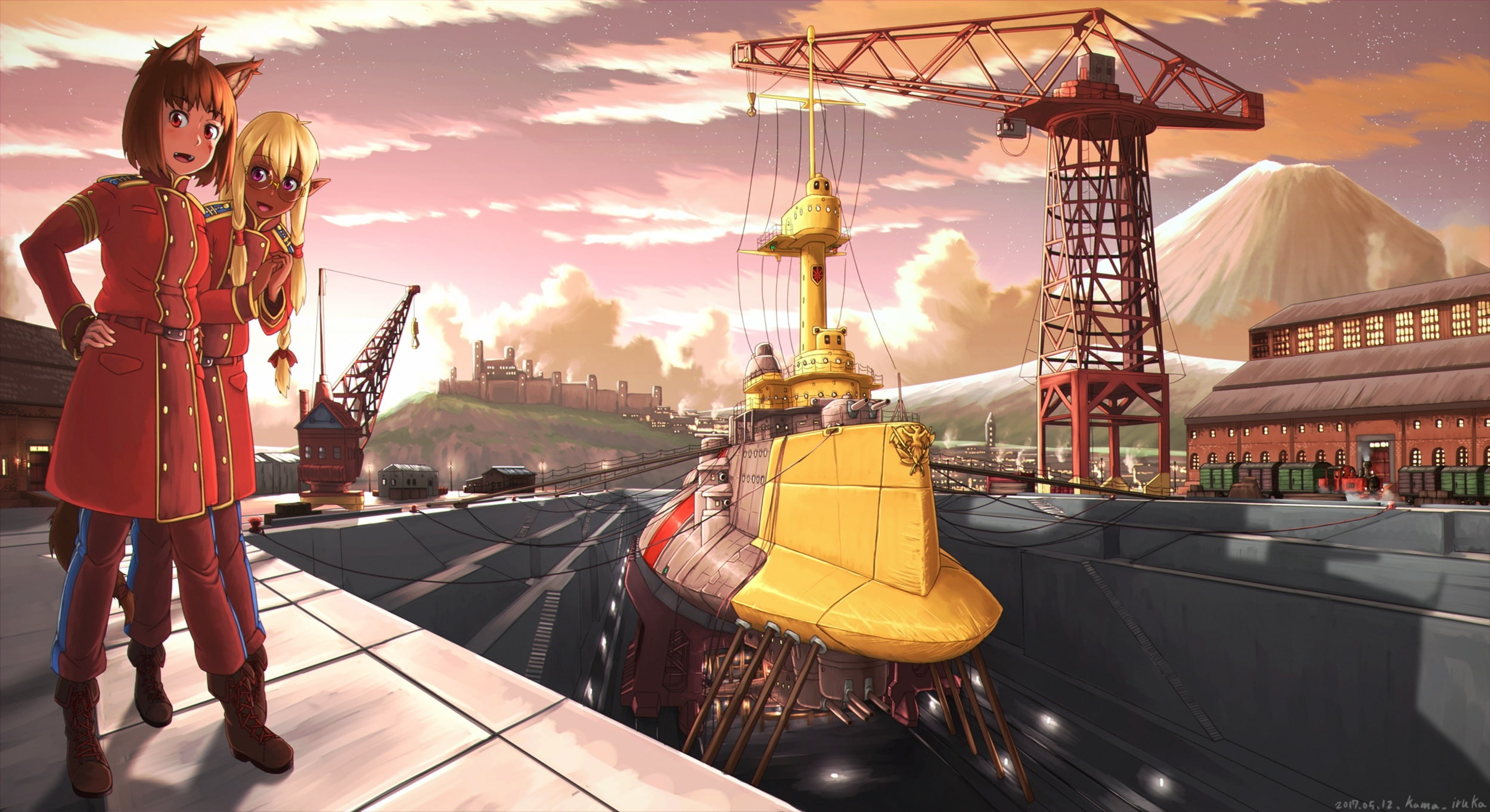 tail, pink, clouds, uniform, konachan, skin, brown, 1080P, watermark, sky, industrial, eyes, long, dark, building, iruka, short, 241911, red, 2girls, kama, HD Wallpaper
