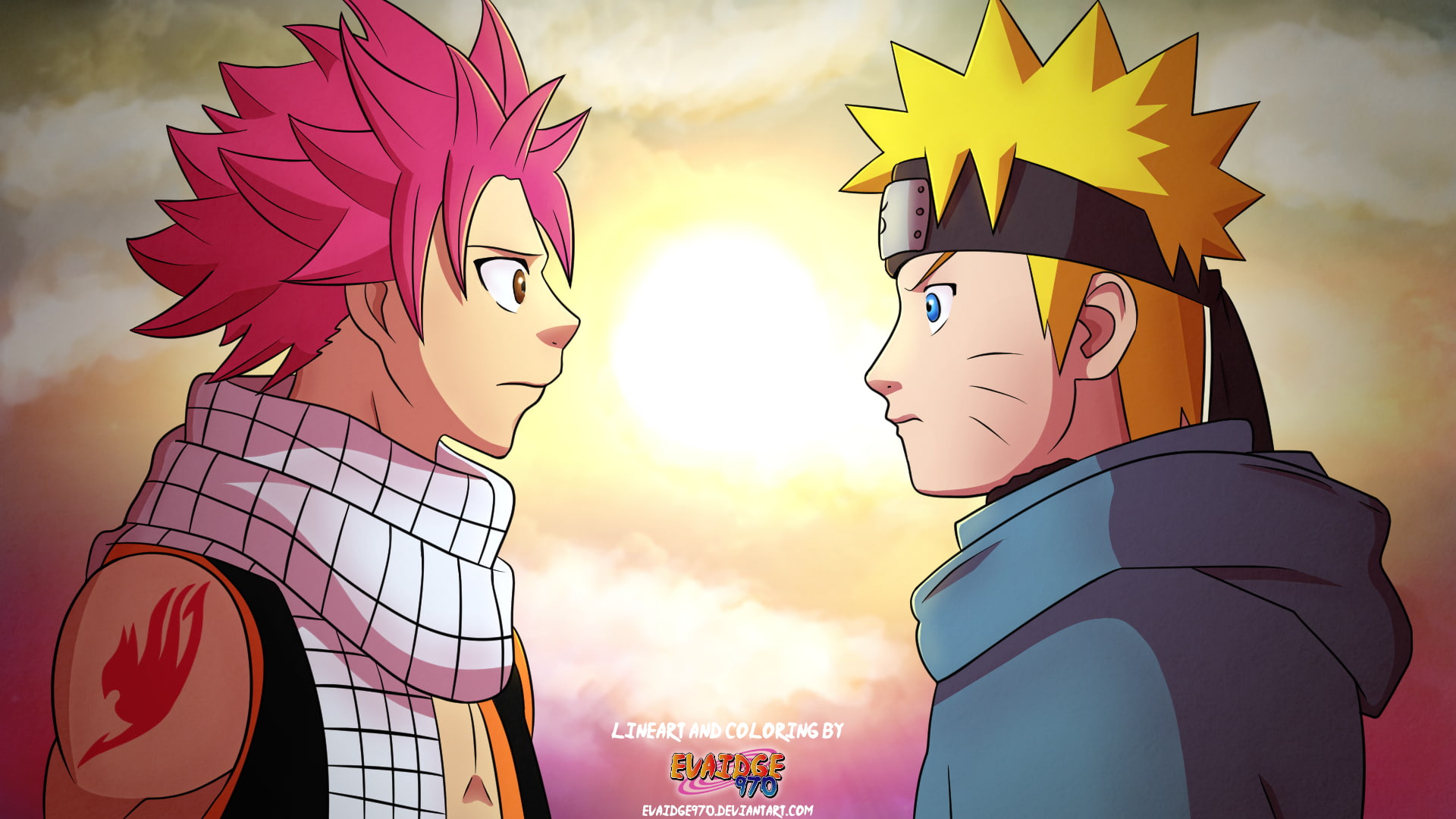 Dragneel Natsu, Uzumaki Naruto, art and craft, Fairy Tail, cloud - sky, day, creativity, nature, sunset, clouds, outdoors, representation, women, sky, human representation, HD Wallpaper