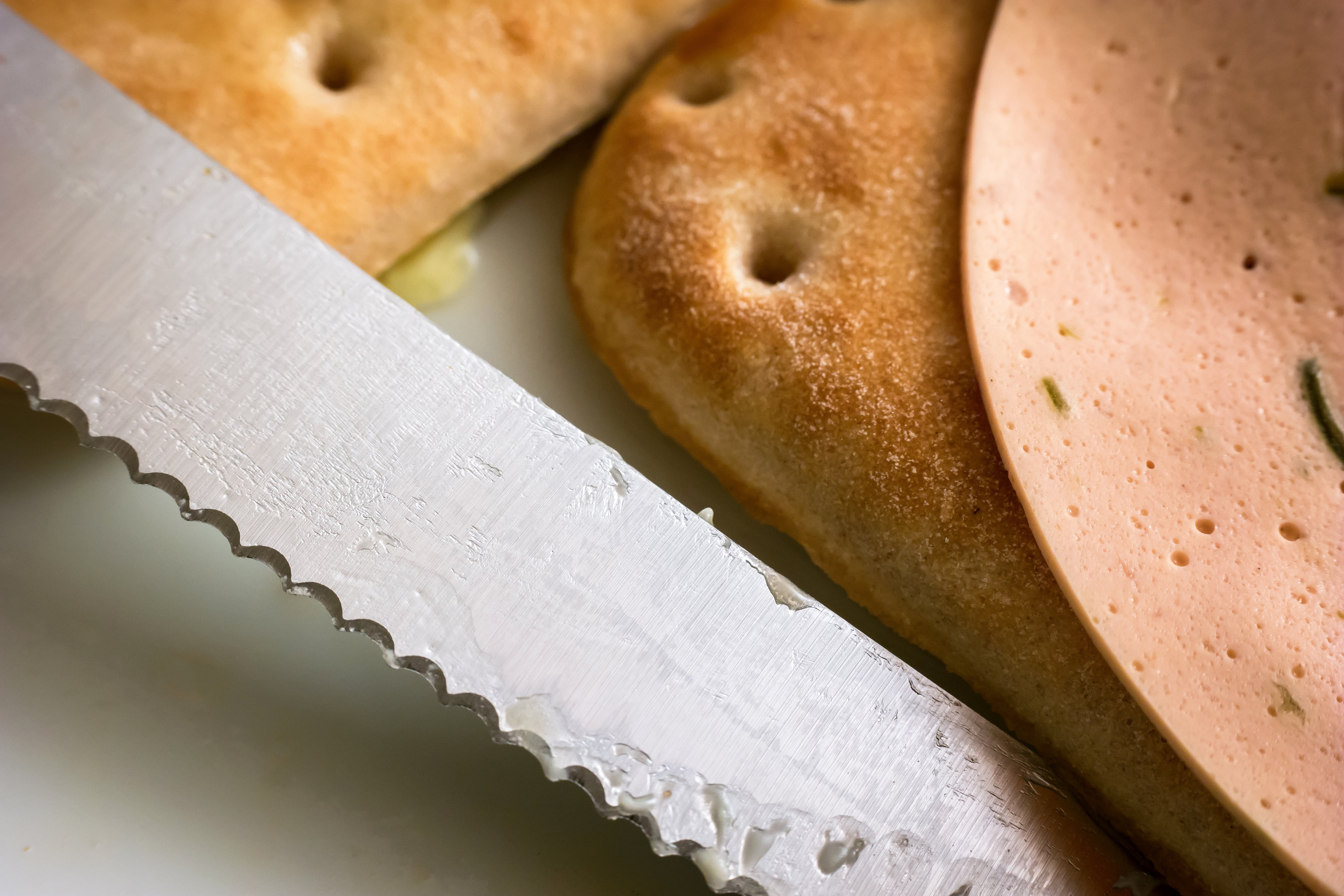 food and drink, freshness, vespers, bread slices, bread, high angle view, knife, no people, wellbeing, indoors, wood - material, focus on foreground, sausage substitute, HD Wallpaper