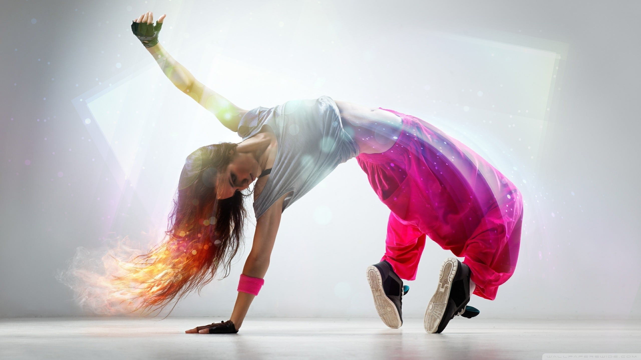 limb, women, females, fashion, arms raised, clothing, 2K, motion, pink color, stage, breakdance, digital art, indoors, side view, young adult, young women, HD Wallpaper