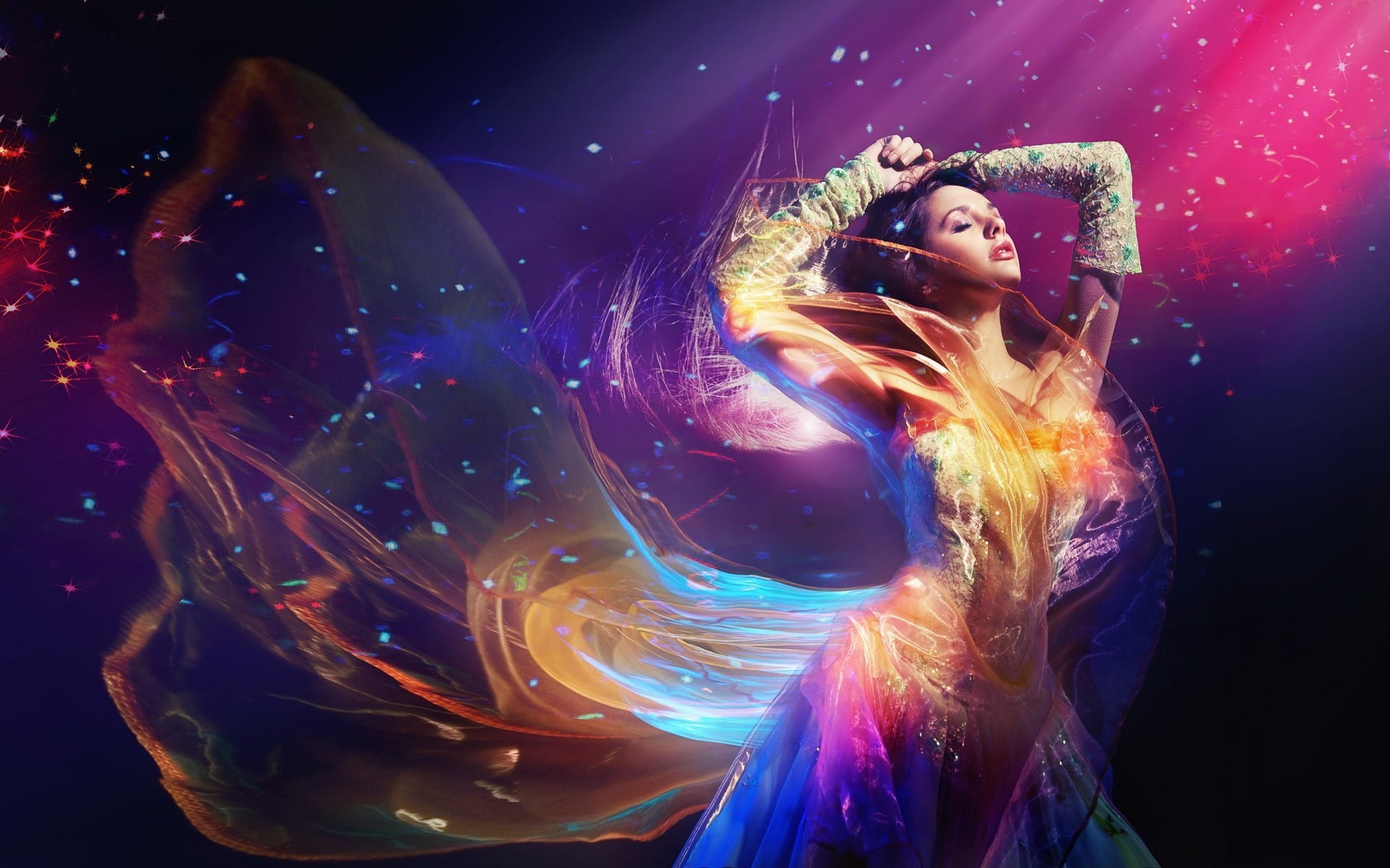women, arts culture and entertainment, digital composite, 1080P, young women, closed eyes, hairstyle, young adult, black background, night, real people, HD Wallpaper