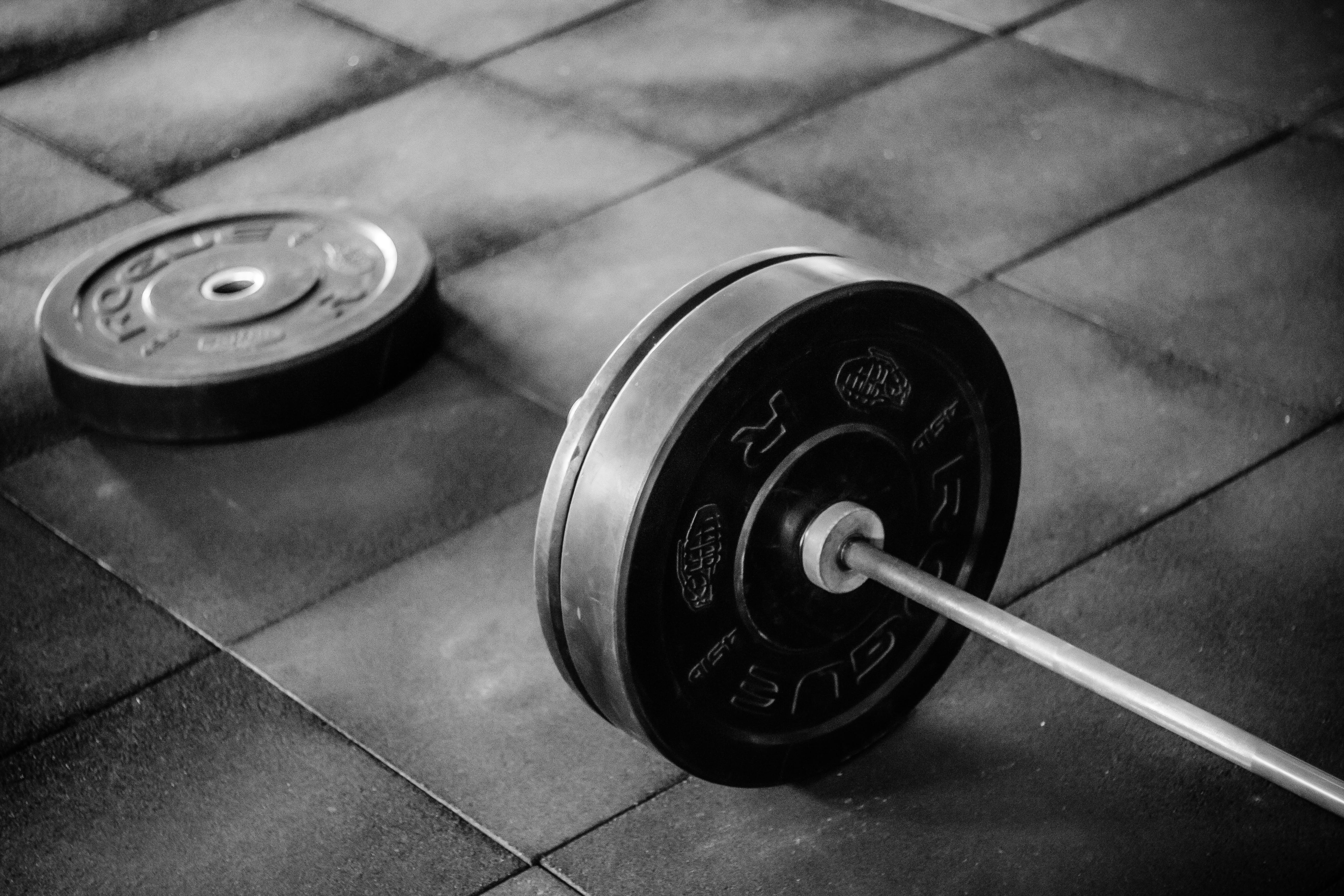 steel, retro styled, sports training, gym, black and white, exercise equipment, strength, sports equipment, 5K, equipment, tiled floor, barbell, weight, HD Wallpaper