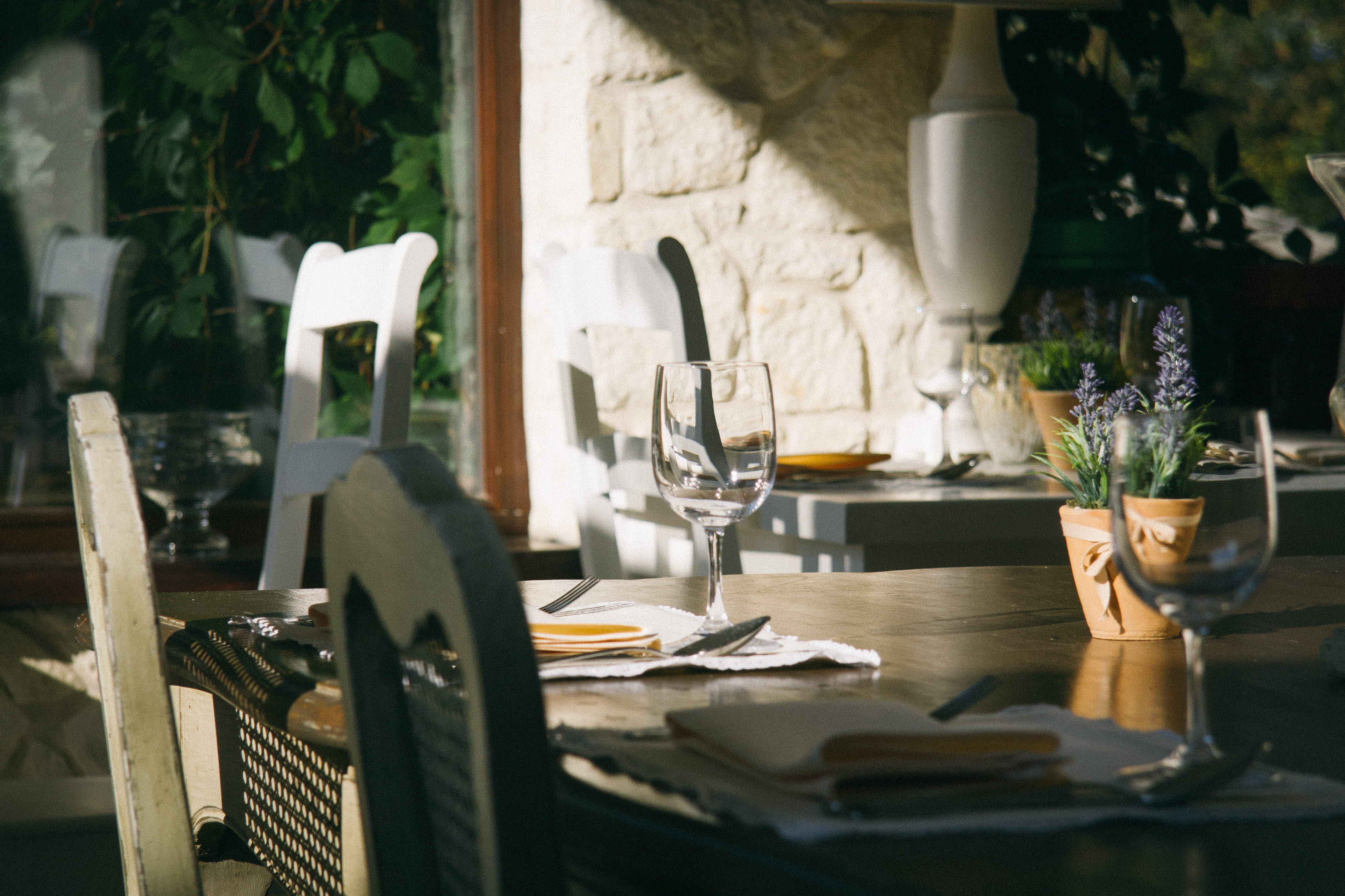 flowering plant, wooden, chair, day, setting, silverware, set, lunch, top, electric lamp, potted, selective focus, glass, nature, flower, place setting, HD Wallpaper