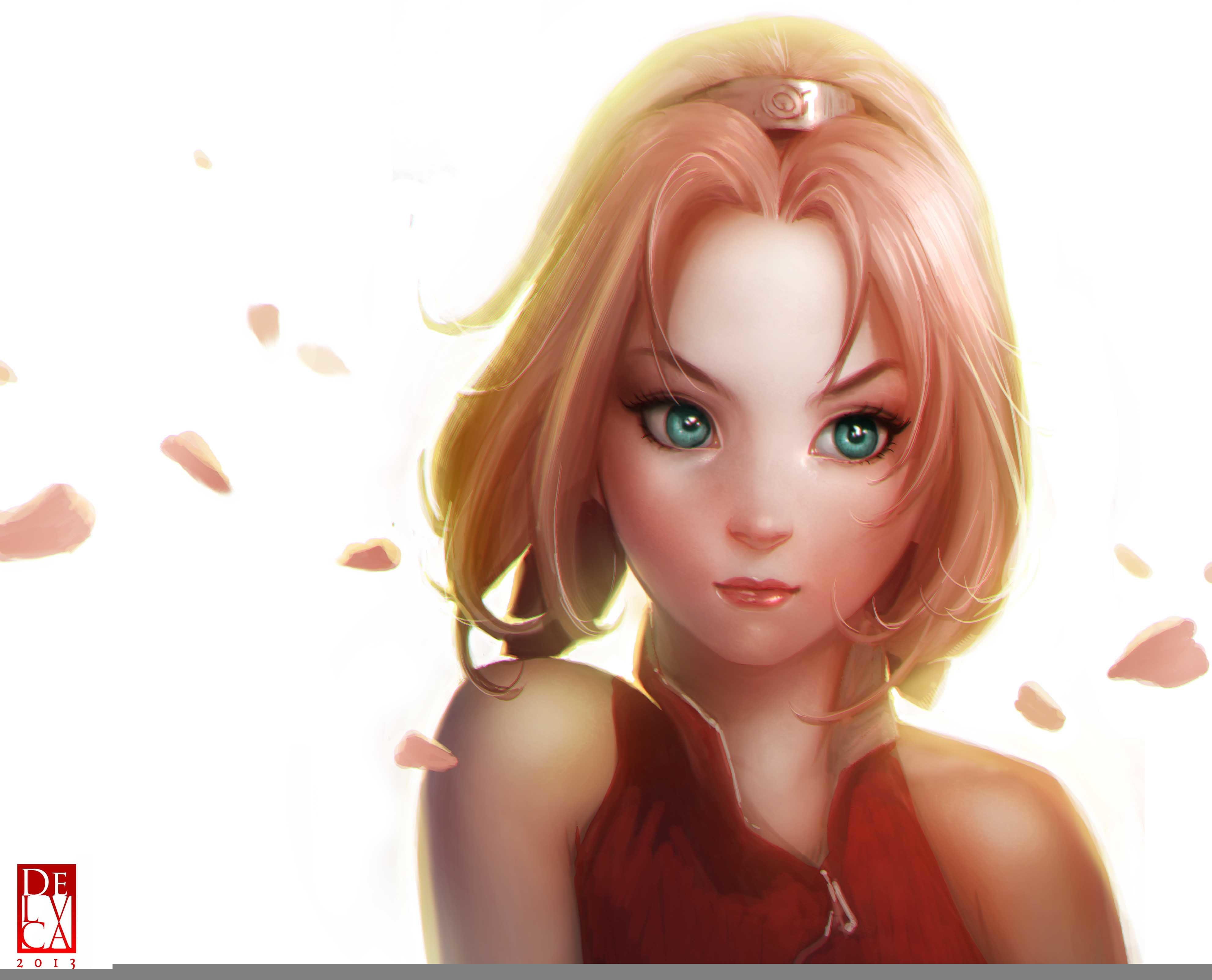 girl, Sakura, naruto, 4K, petals, face, art, Antonio De Luca, white background, HD Wallpaper
