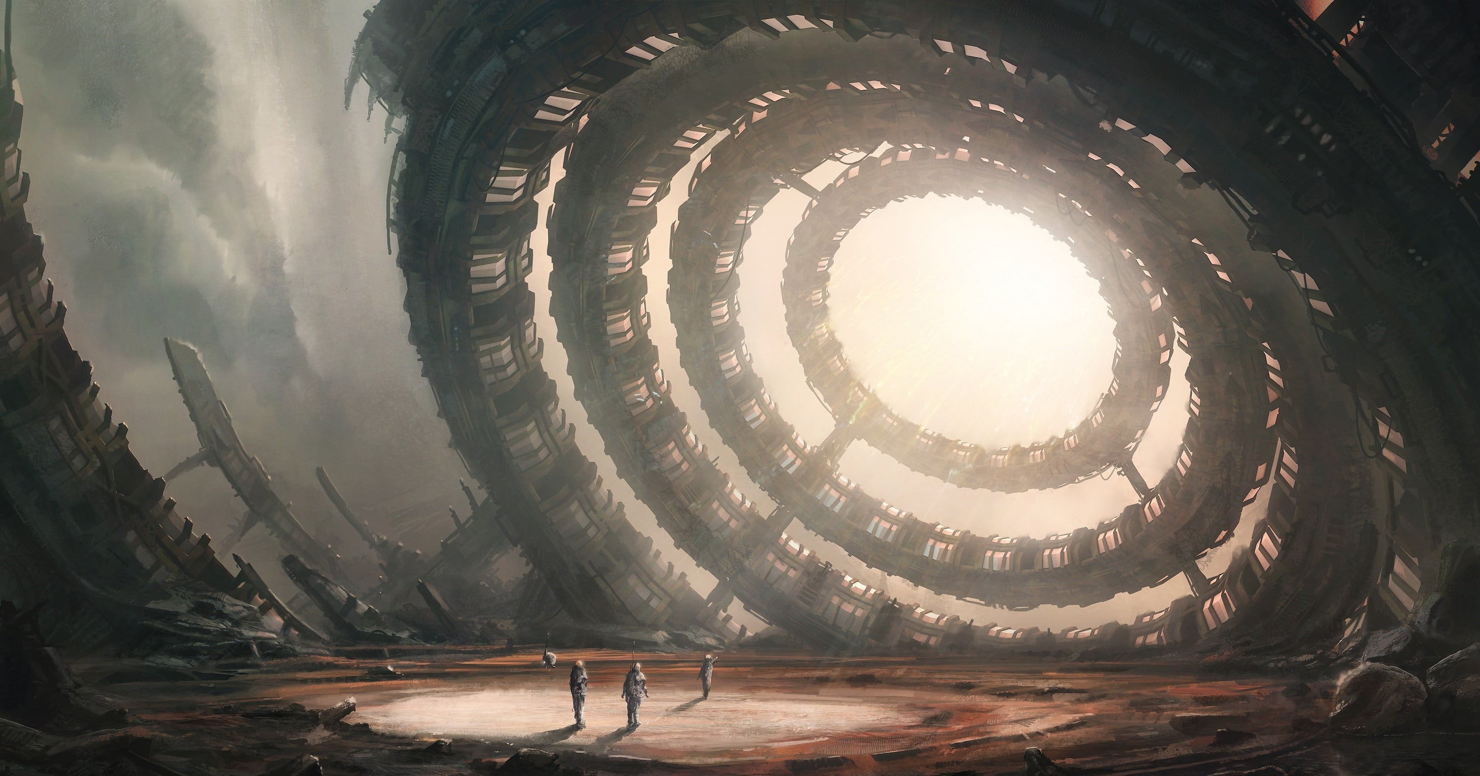 sunbeam, standing, geometric shape, nature, sky, travel, architecture, old, water, sunlight, people, cloud - sky, land, wheel, futuristic, 2K, ship, illustration, HD Wallpaper