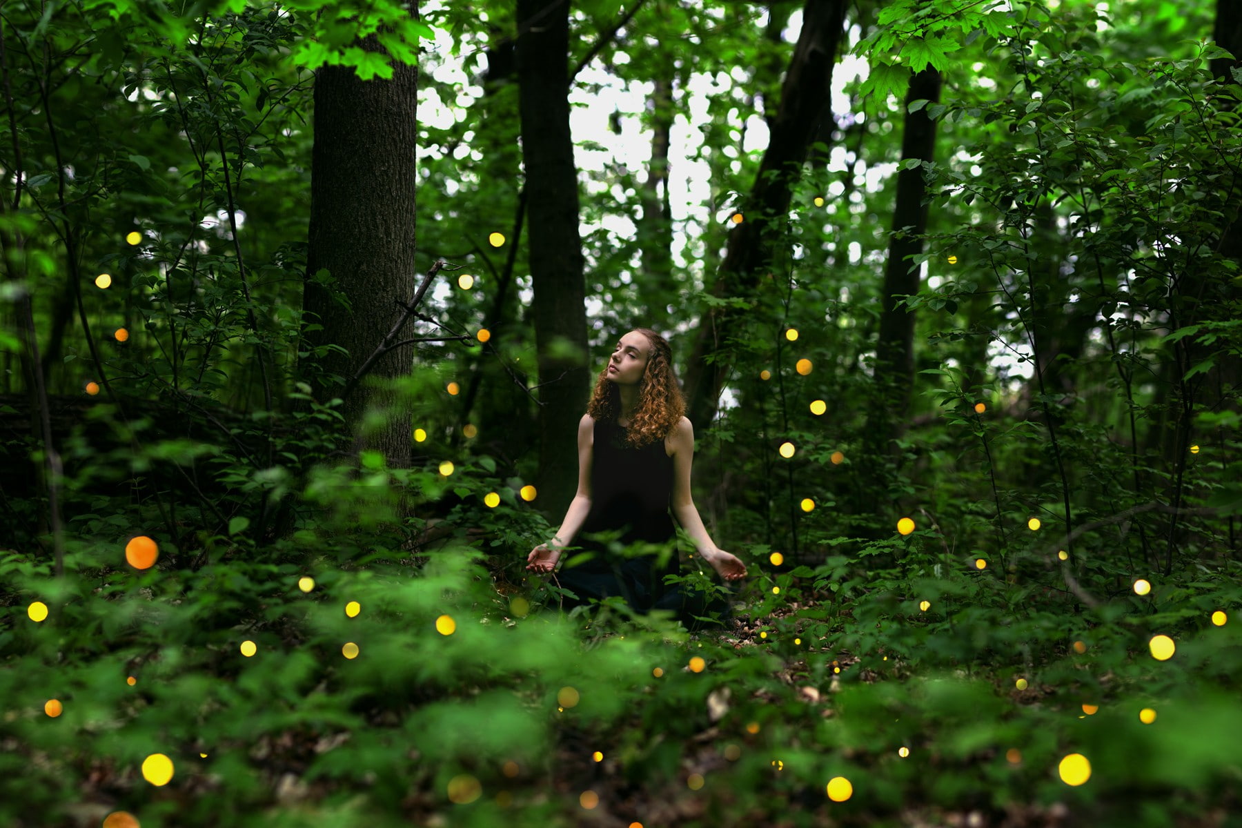 lights, lightning bug, redhead, trees, 720P, model, hairstyle, contemplation, fashion, looking away, woodland, hair, land, bokeh, adult, feelings, young adult, HD Wallpaper