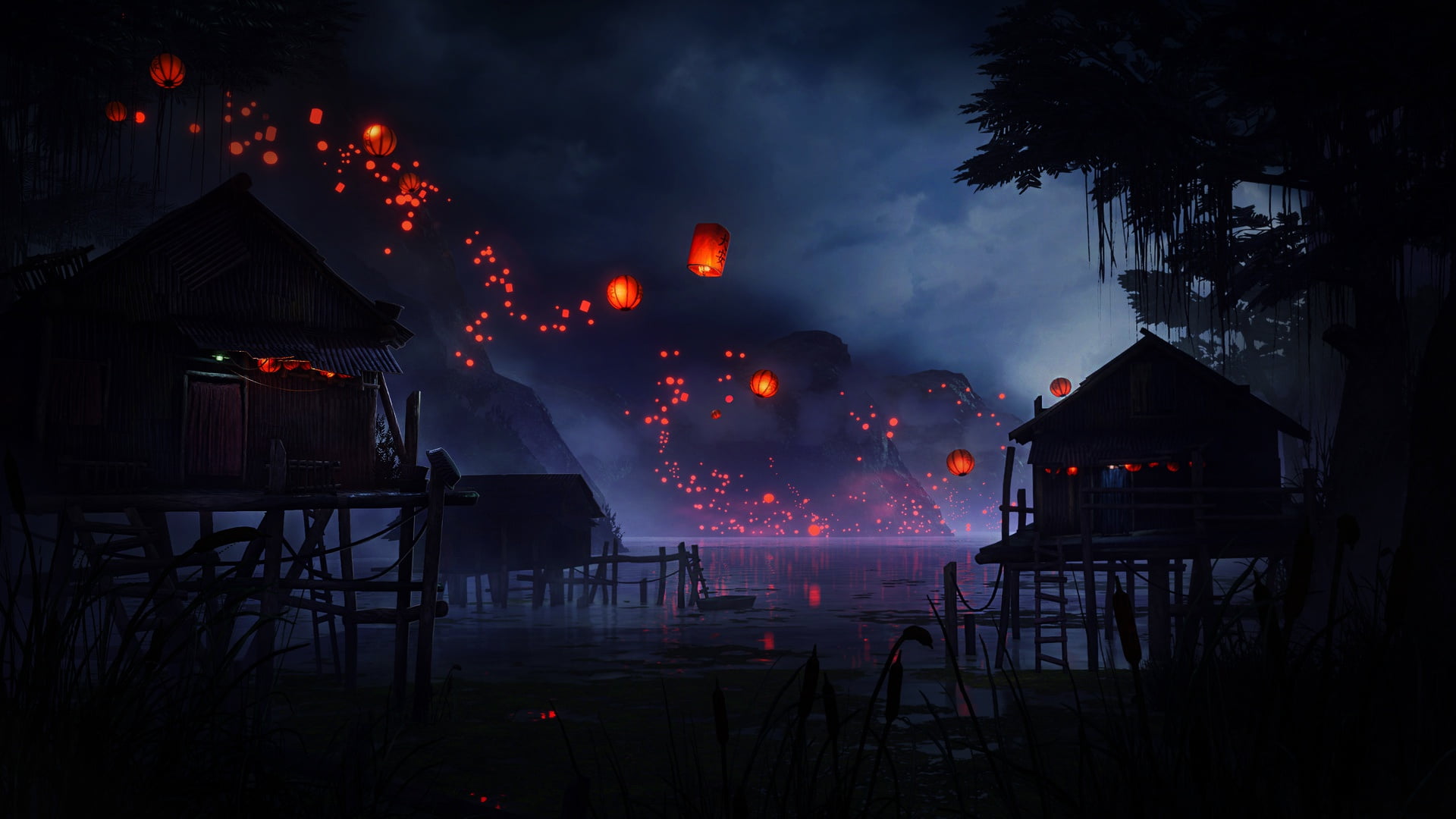 by Noe Skabar, Art, Lights, Mountains, Water, Lanterns, Lake, House, Asia, 1080P, Noe Skabar, Night, Environments, Fireflies, Landscape, HD Wallpaper