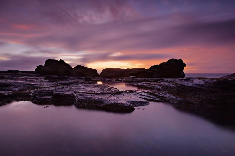 sea, wave, landscape, Dreamtime, outdoors, seashore, Manfrotto, nature, 480P, canon, dusk, sunset, coastline, Sunrise, beach, sky, Seascape, purple, OCean, HD Wallpaper