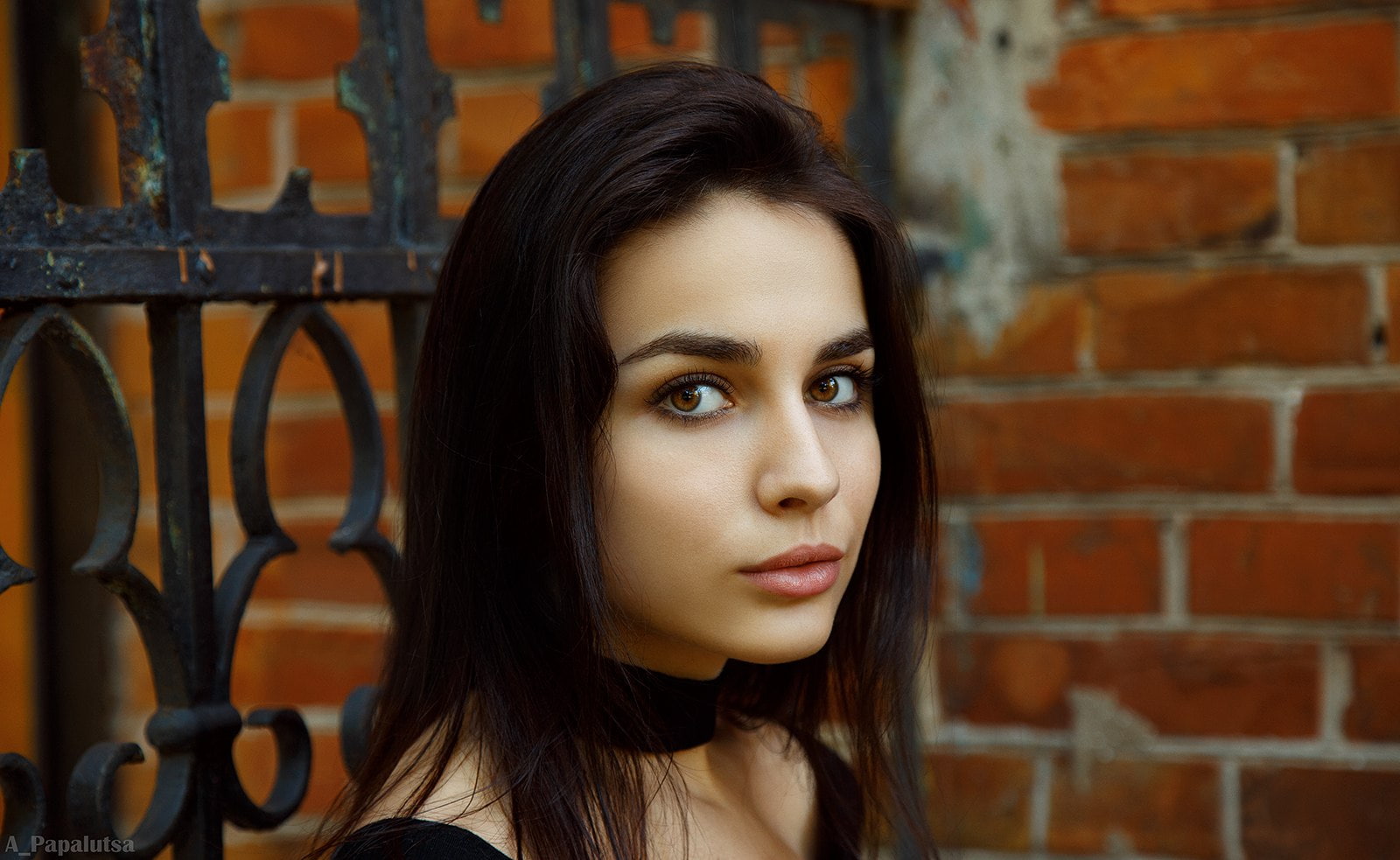 one person, brown eyes, front view, teenager, long hair, 720P, young women, portrait, wall, brick wall, young adult, human face, looking at camera, brown hair, HD Wallpaper