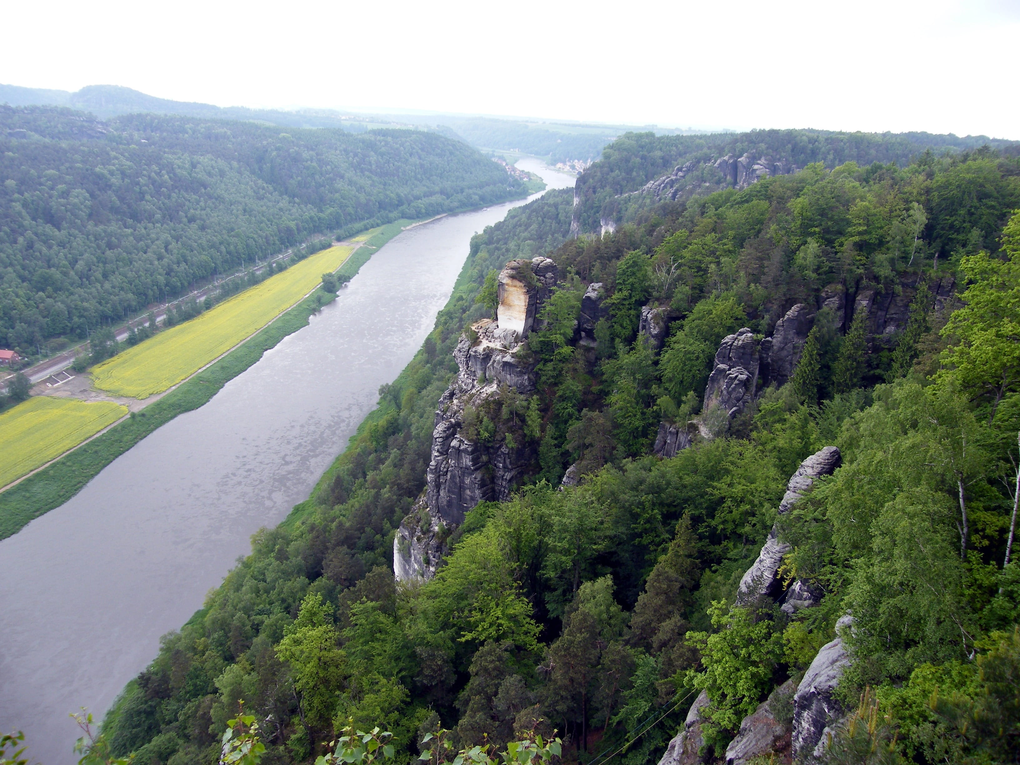outdoors, elbe sandstone mountains, green color, Bastei, beauty in nature, nature conservation, plant, cross, landscape, high angle view, water, elbe, growth, HD Wallpaper