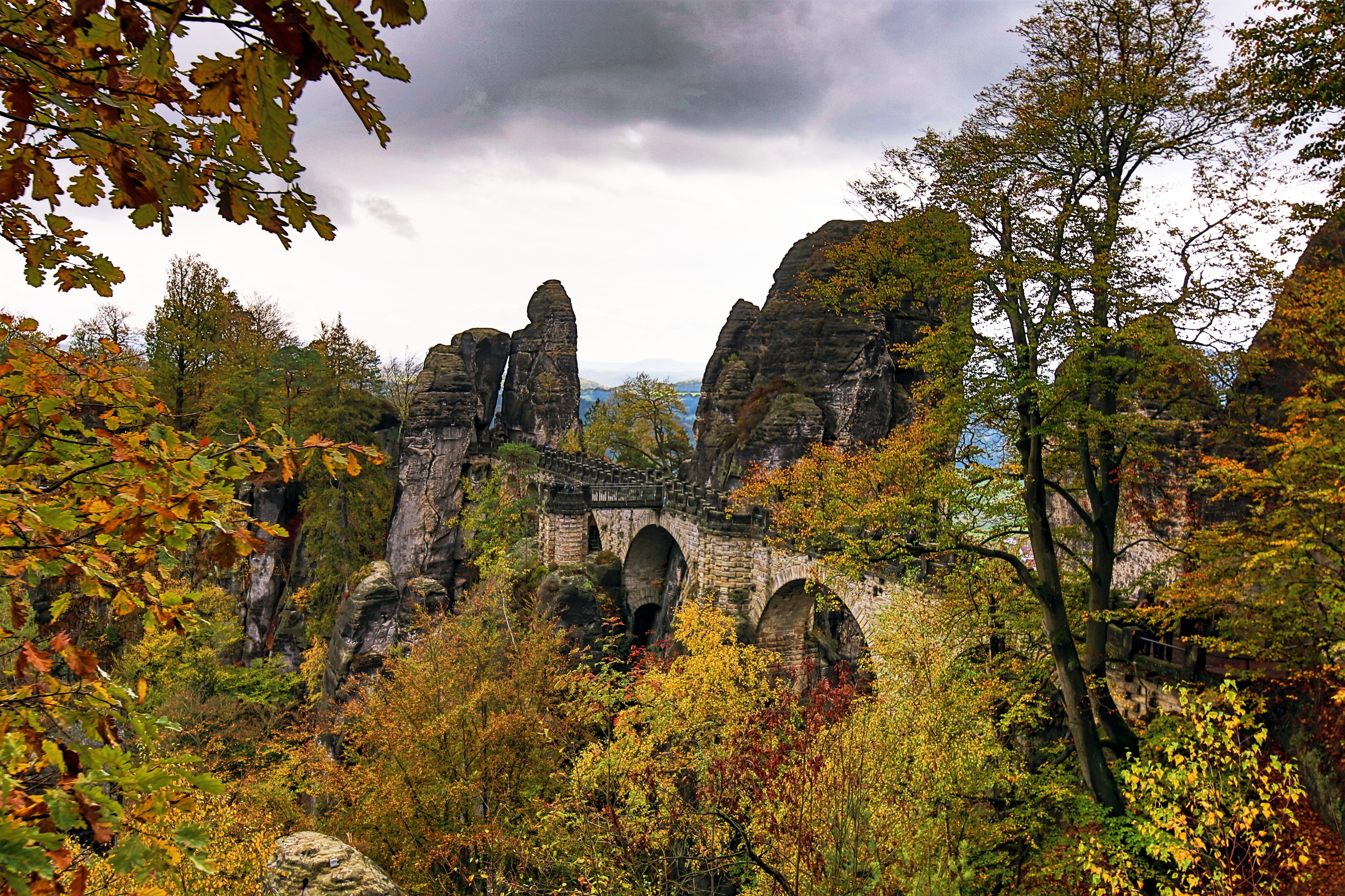 old, ancient, autumn, built structure, the past, tree, sky, change, bastei, fortress, bohemia, leaves, ruined, forest, color, bridge - man made structure, HD Wallpaper