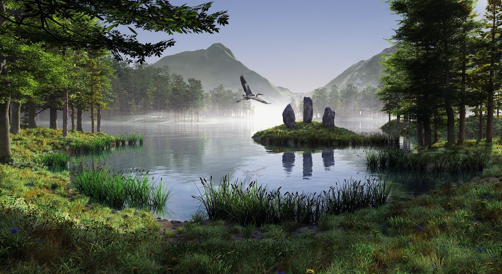 illustration, sky, stones, grass, plant, green, bird, monolith, no people, tranquility, render, growth, mountains, 1080P, lake, water, beauty in nature, HD Wallpaper