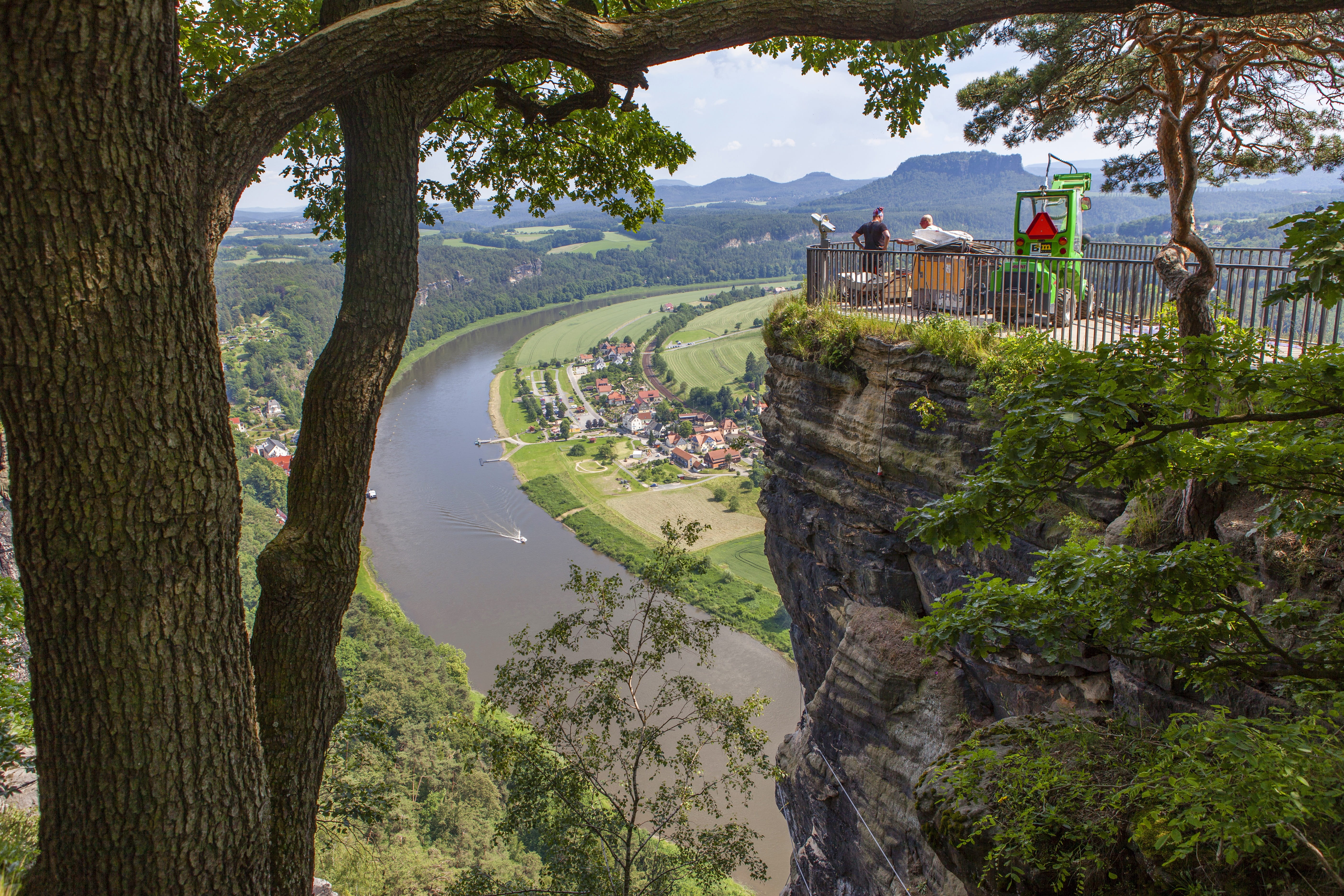 bastei, built structure, scenics - nature, 5K, tranquil scene, travel destinations, tree trunk, reflection, day, river, trunk, view, building exterior, HD Wallpaper