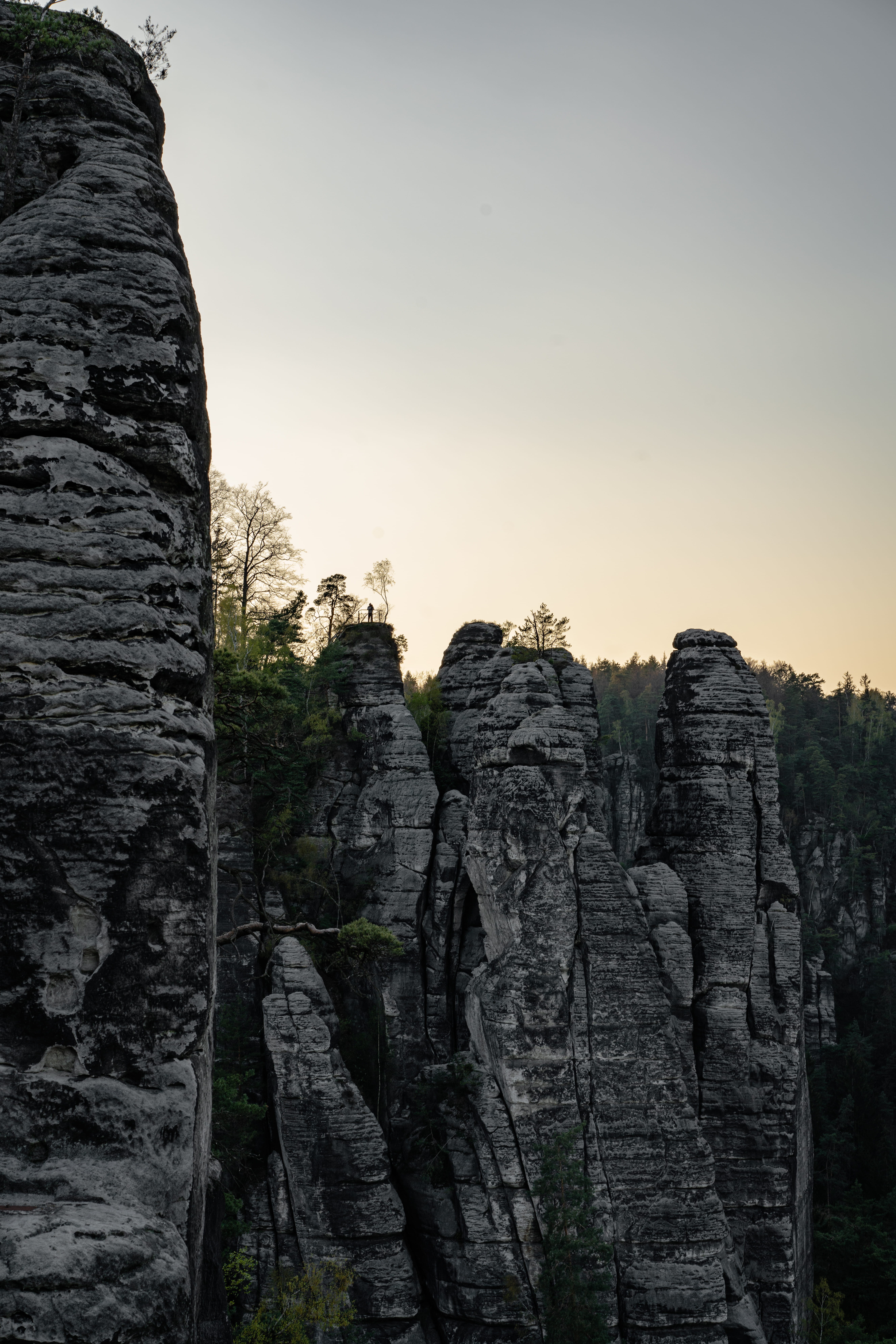 mountain, tranquil scene, geology, sundown, outdoors, germany, mountains, tranquility, sunset, plant, rock, nature, beauty in nature, no people, bastei, Phone HD Wallpaper
