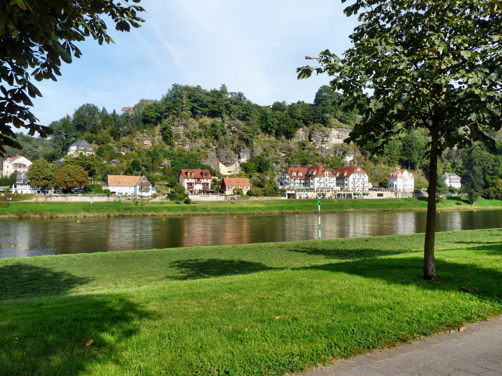 outdoors, lake, land, summer, sky, growth, beauty in nature, residential district, grass, water, cloud - sky, plant, no people, tree, 720P, saxon switzerland, HD Wallpaper