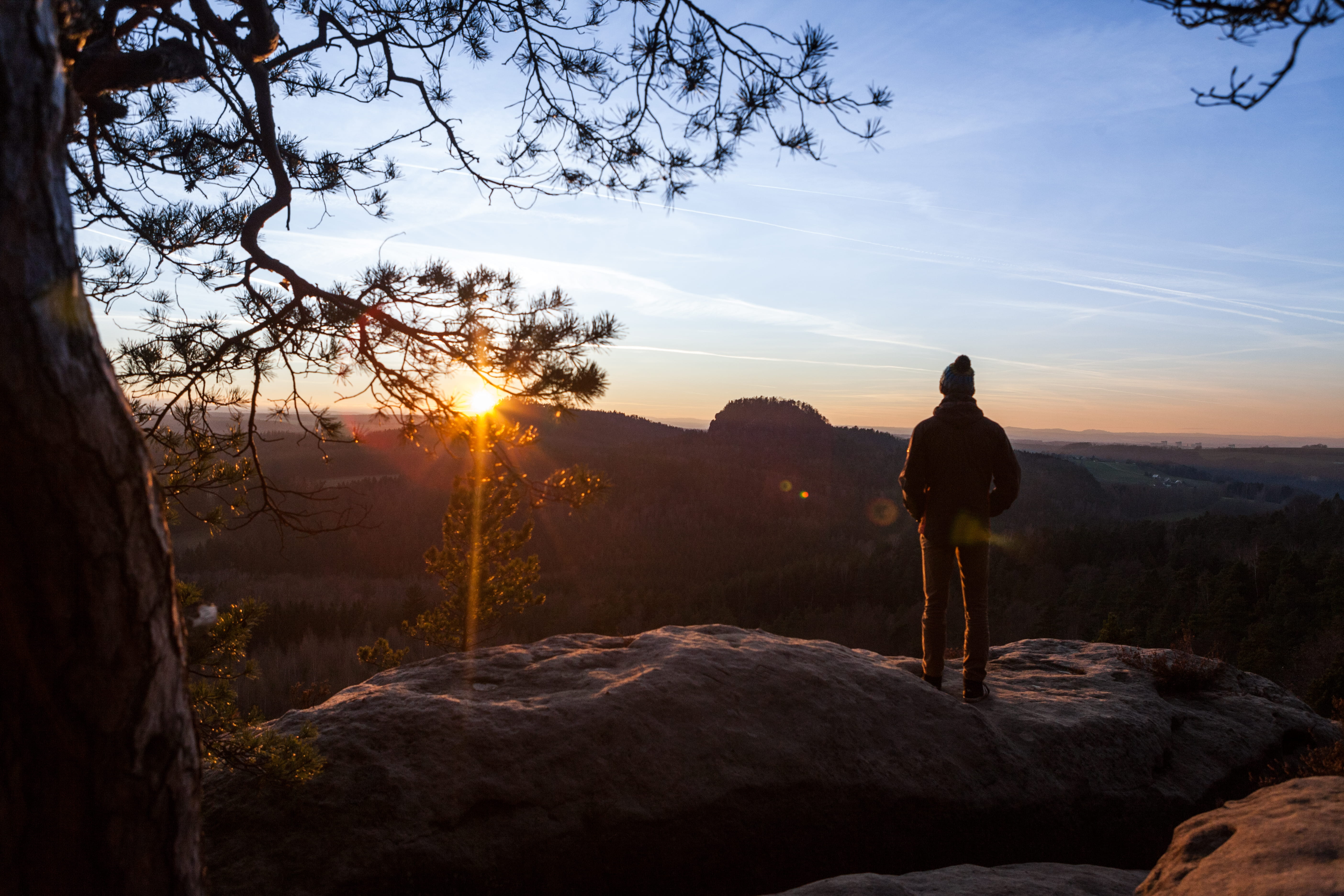 saxon switzerland, plant, full length, sun, lifestyles, tree, scenics - nature, one person, sky, rock, germany, backlight, tranquil scene, forest, winter, HD Wallpaper