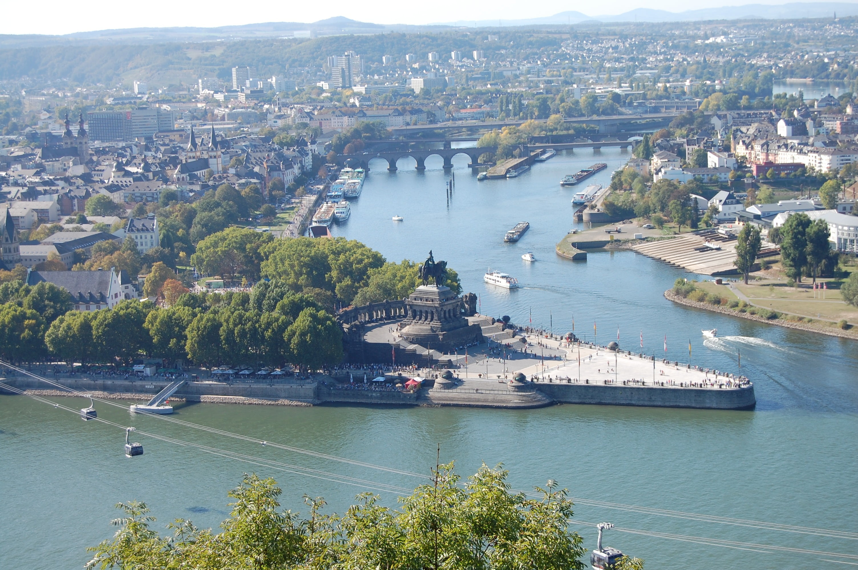 bridge, mode of transportation, kaiser wilhelm monument, equestrian statue, city, passenger craft, europe, monument, skyscraper, koblenz, building exterior, HD Wallpaper