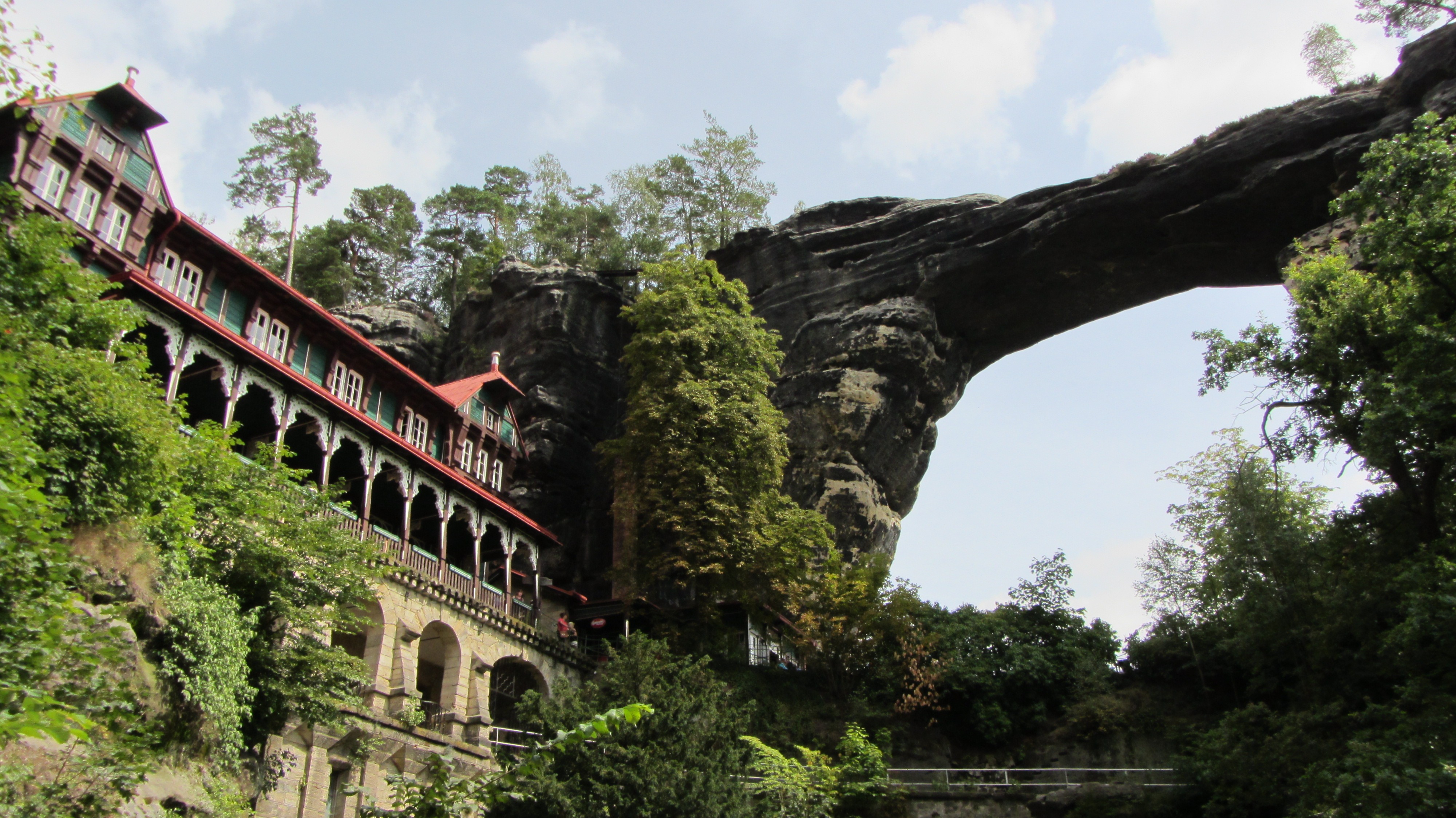 building, architecture, bridge - man made structure, bridge, pravčická brána, outdoors, no people, nature, day, history, sky, cloud - sky, 4K, plant, elbe sandstone mountains, HD Wallpaper
