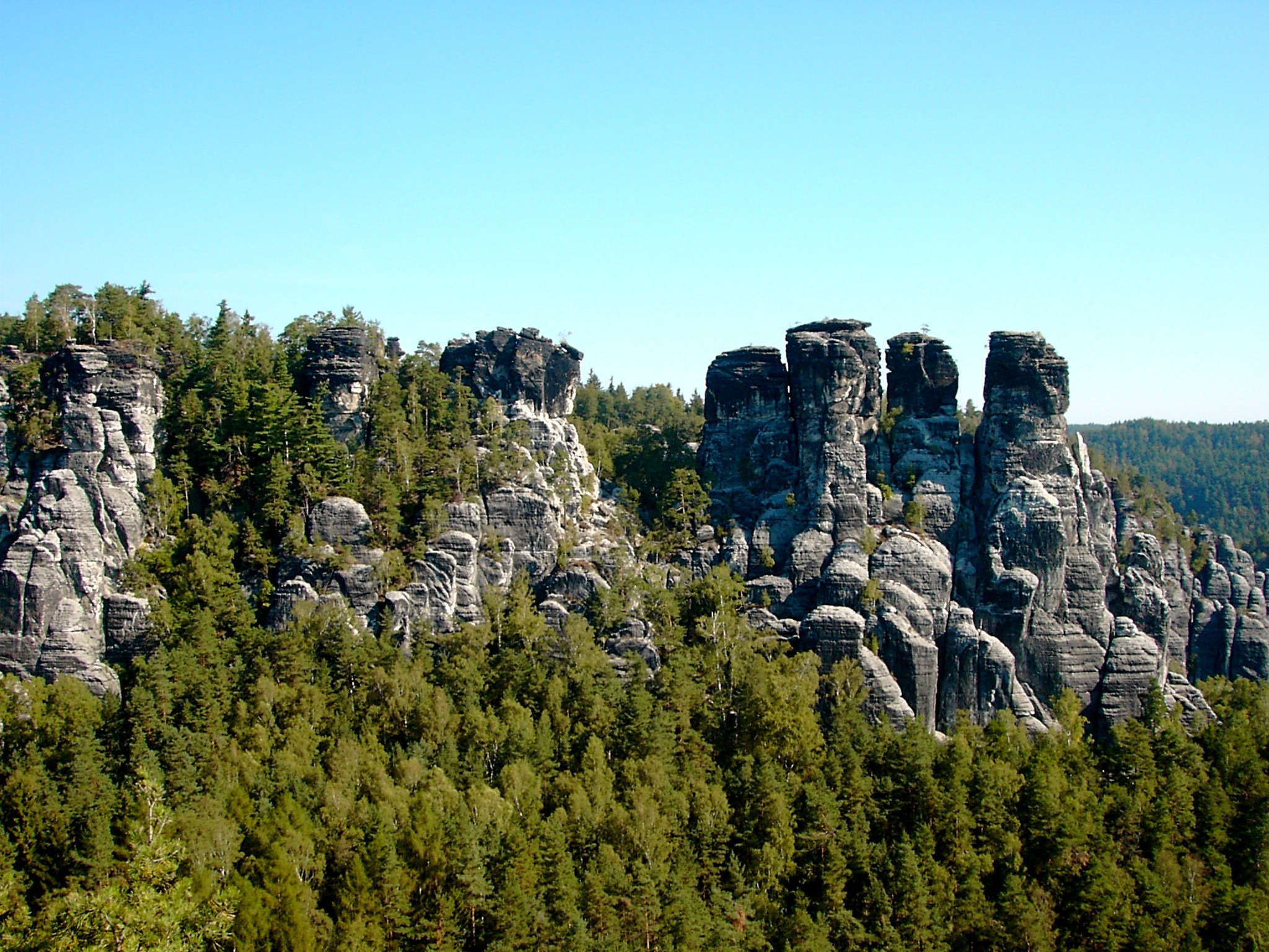 tranquil scene, land, saxon switzerland, pine tree, formation, goose rock, clear sky, rock necklace, sky, saxony, rock - object, green color, tranquility, HD Wallpaper