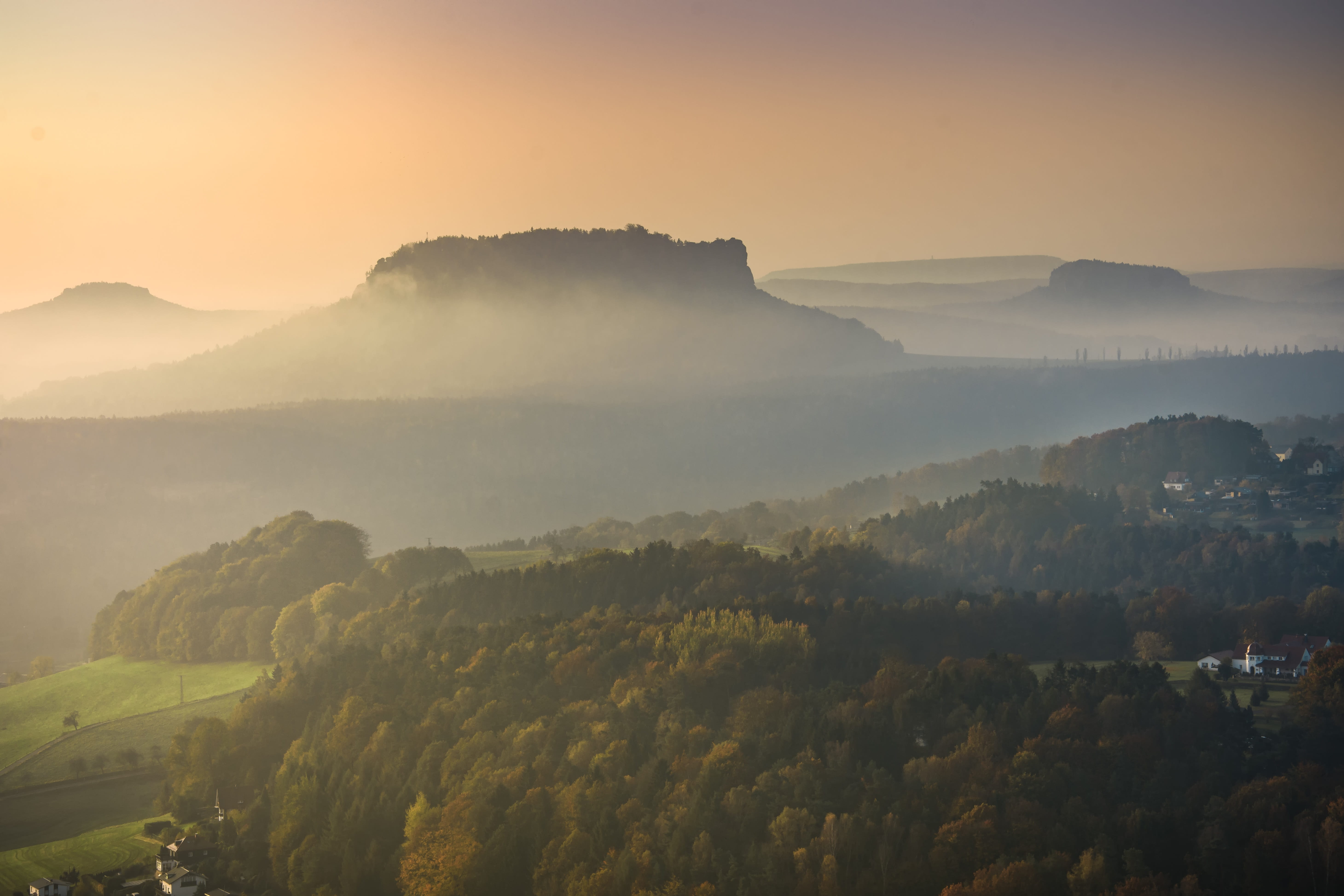 rathen, plant, landscape, sunset, germany, sun, nature, elbe sandstone mountains, saxon switzerland, no people, idyllic, 5K, fog, sky, environment, land, HD Wallpaper
