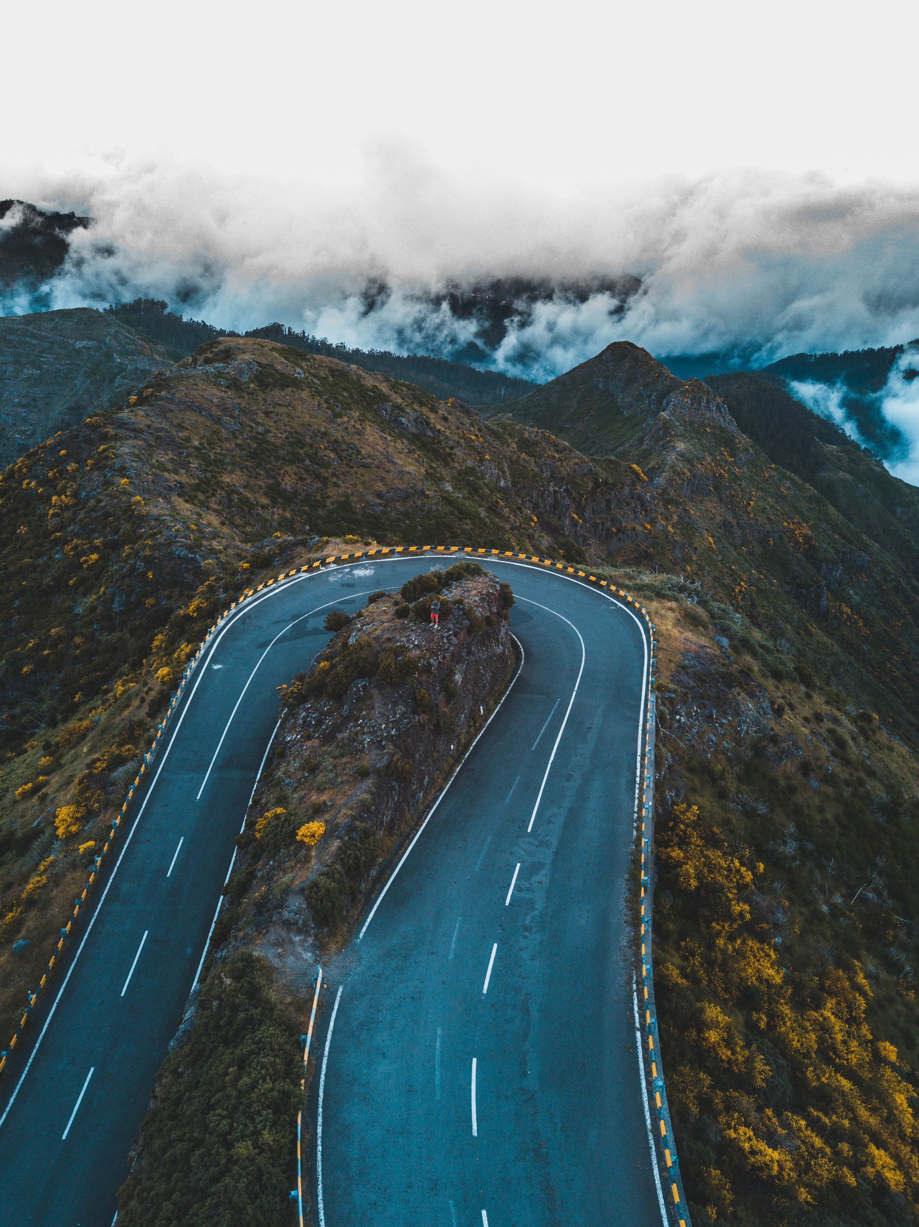 mountains, madeira, 4K, clouds, highway, road, Twist, Portugal, Phone HD Wallpaper