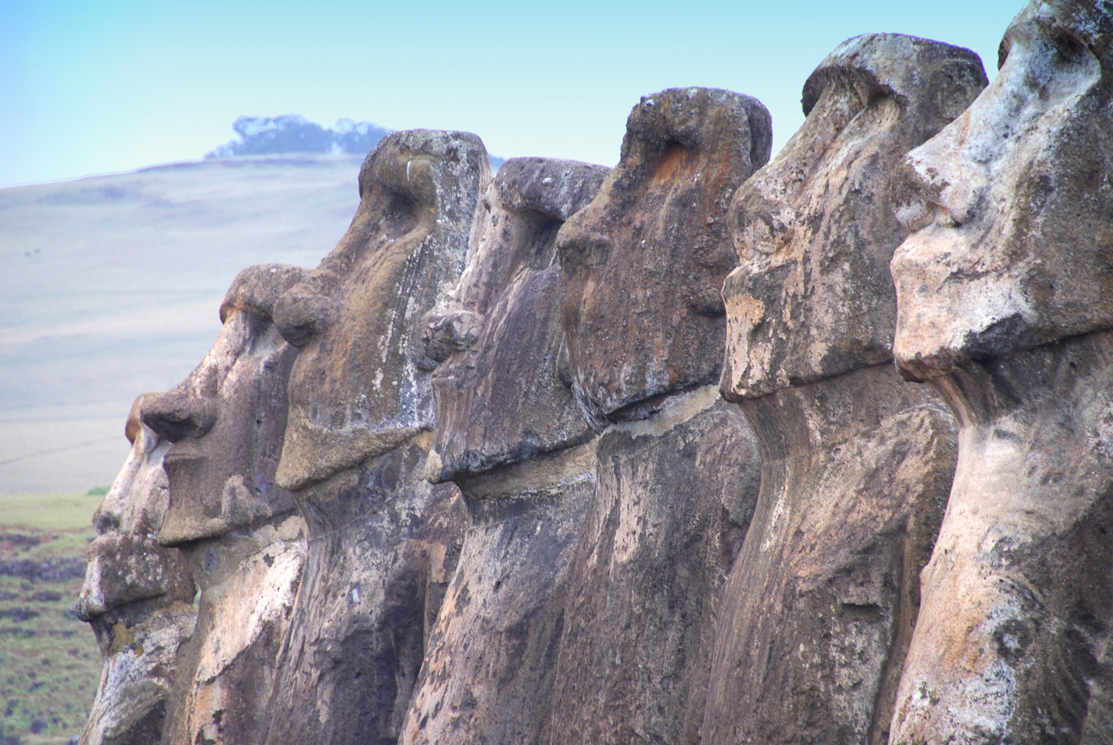 chile, day, cliff, low angle view, 4K, moai, the past, human representation, easter island, rock - object, nature, no people, art and craft, tranquility, HD Wallpaper