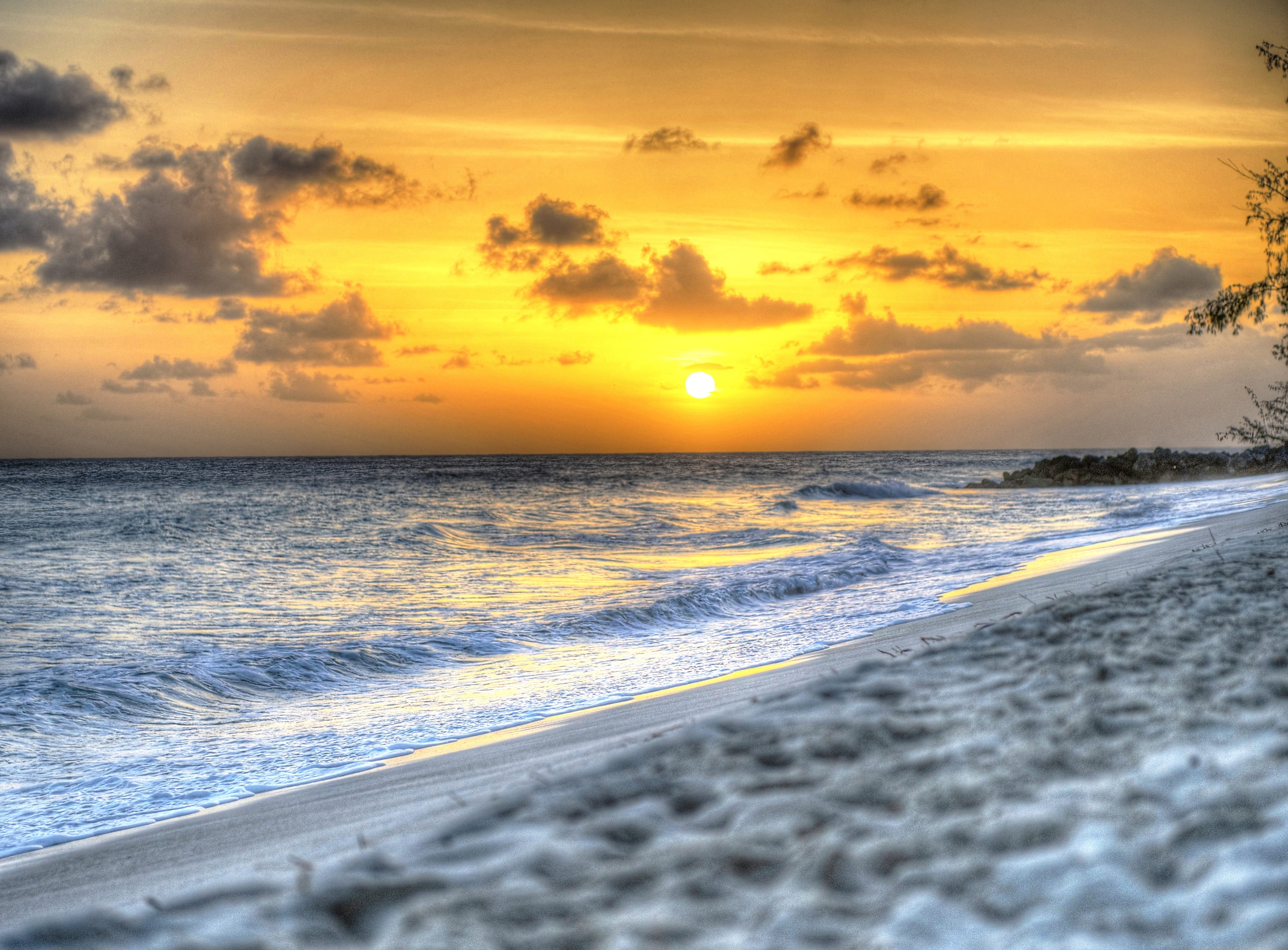 beauty in nature, sunset, orange color, sea, no people, tranquil scene, caribbean, motion, 2K, scenics - nature, land, beach, cloud - sky, nature, outdoors, HD Wallpaper