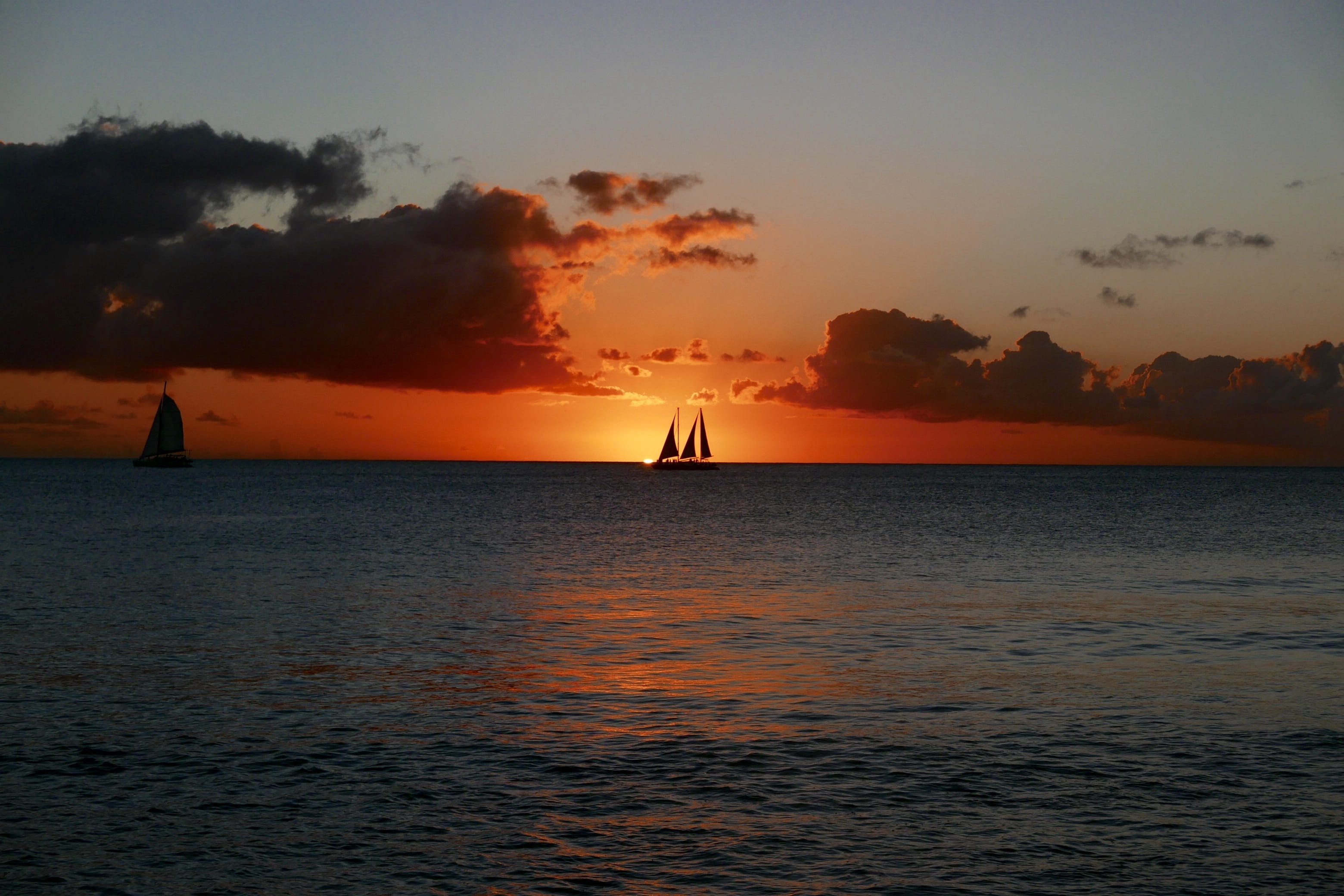 sunset, scenics - nature, 2K, evening, sailing, waterfront, beauty in nature, orange color, silhouette, tropical, ocean, water, no people, vacation, idyllic, HD Wallpaper