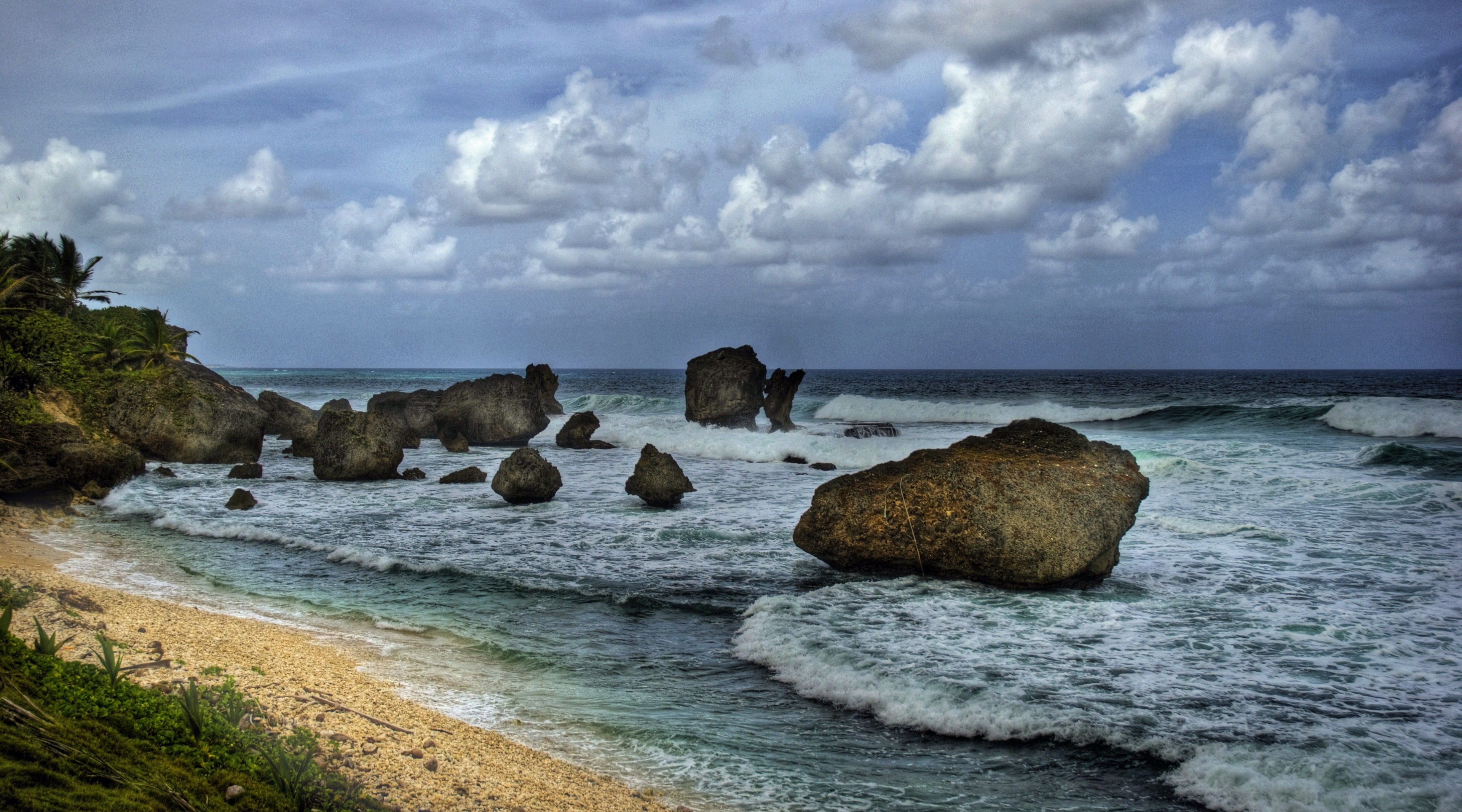 beauty in nature, wave, Beach, Cloudy, day, cloud - sky, sky, 4K, benab, Stones, horizon, outdoors, rock - object, sea, Islands, tranquil scene, no people, HD Wallpaper