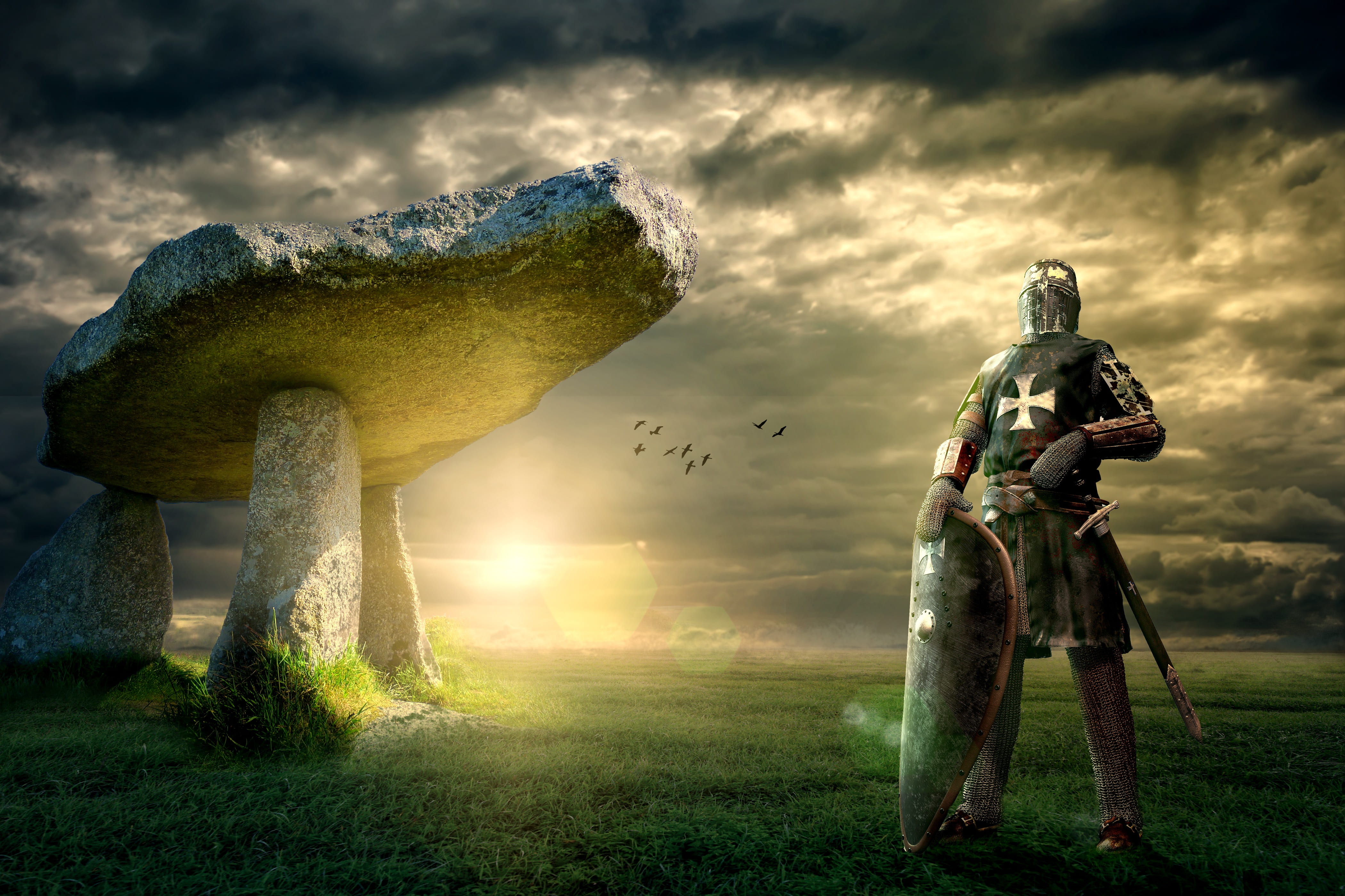 art and craft, field, creativity, dolmen, green, cemetery, wearing, photo montage, myth, outdoors, plant, sculpture, male likeness, human representation, HD Wallpaper