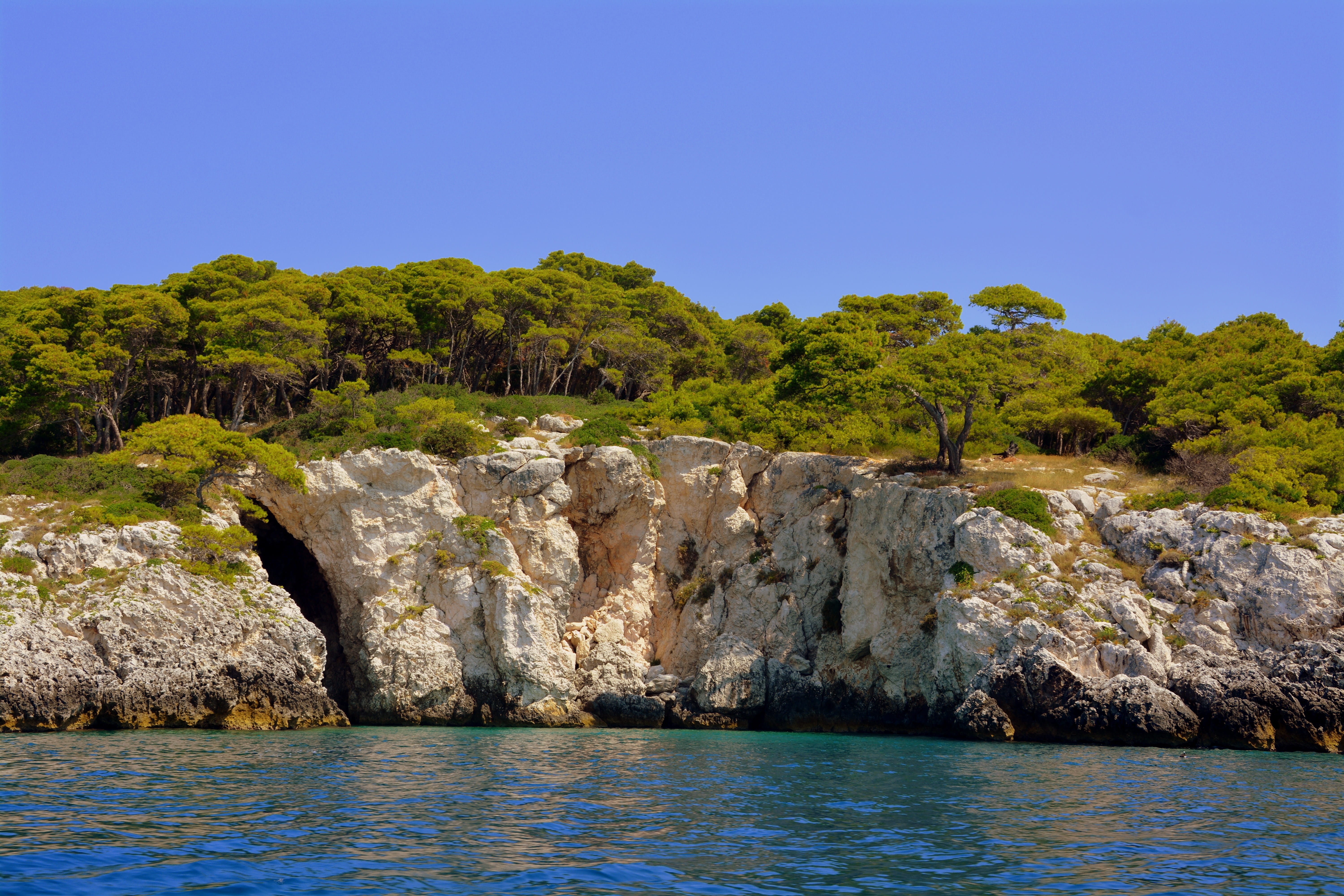 sky, clear sky, tranquility, tremiti islands, view into land, rock, beach, mountain, gargano, forest, 5K, rock - object, water, tree, trees, beauty in nature, HD Wallpaper