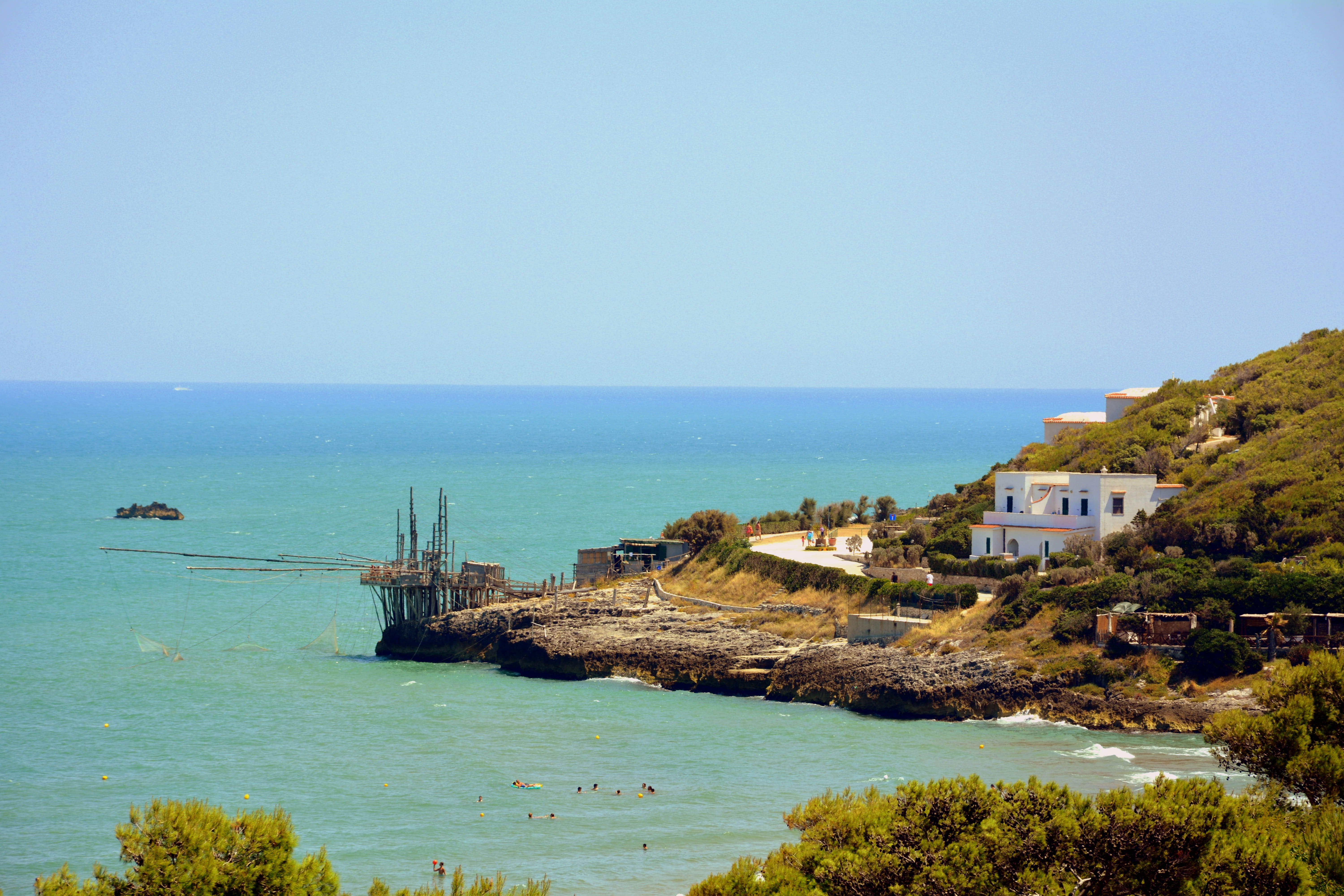 beauty in nature, horizon, no people, gargano, architecture, day, sea, building, 5K, building exterior, clear sky, outdoors, land, nature, blue, horizon over water, HD Wallpaper