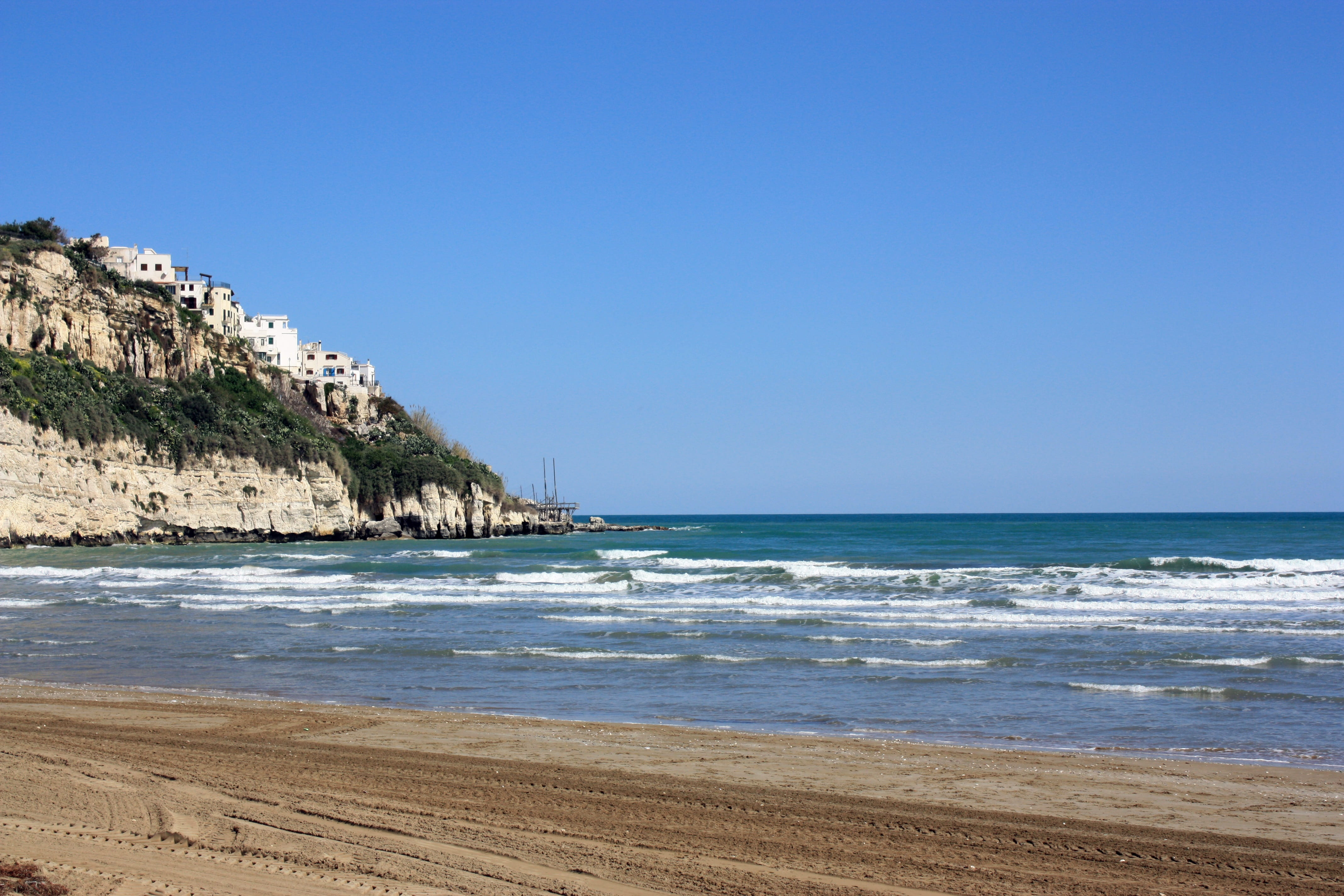 outdoors, Sky, south, wave, Gargano, horizon, clear sky, rock, sand, beach, glimpse, travel destinations, no people, land, travel, puglia, day, Sea, Country, HD Wallpaper