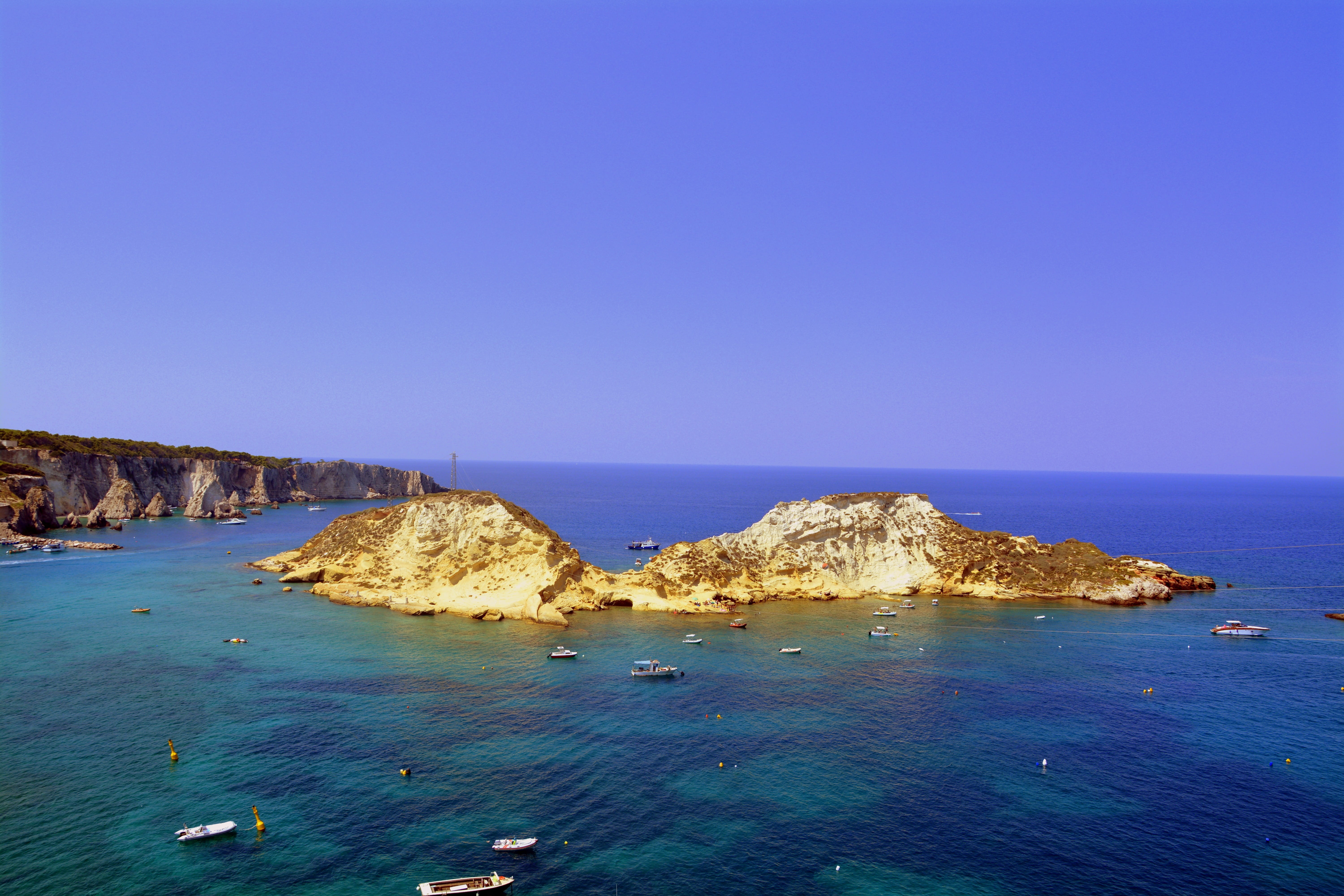 scenics - nature, beach, solid, rock, 5K, nature, rock - object, boats, clear sky, gargano, horizon, rocky coastline, idyllic, outdoors, tranquil scene, HD Wallpaper
