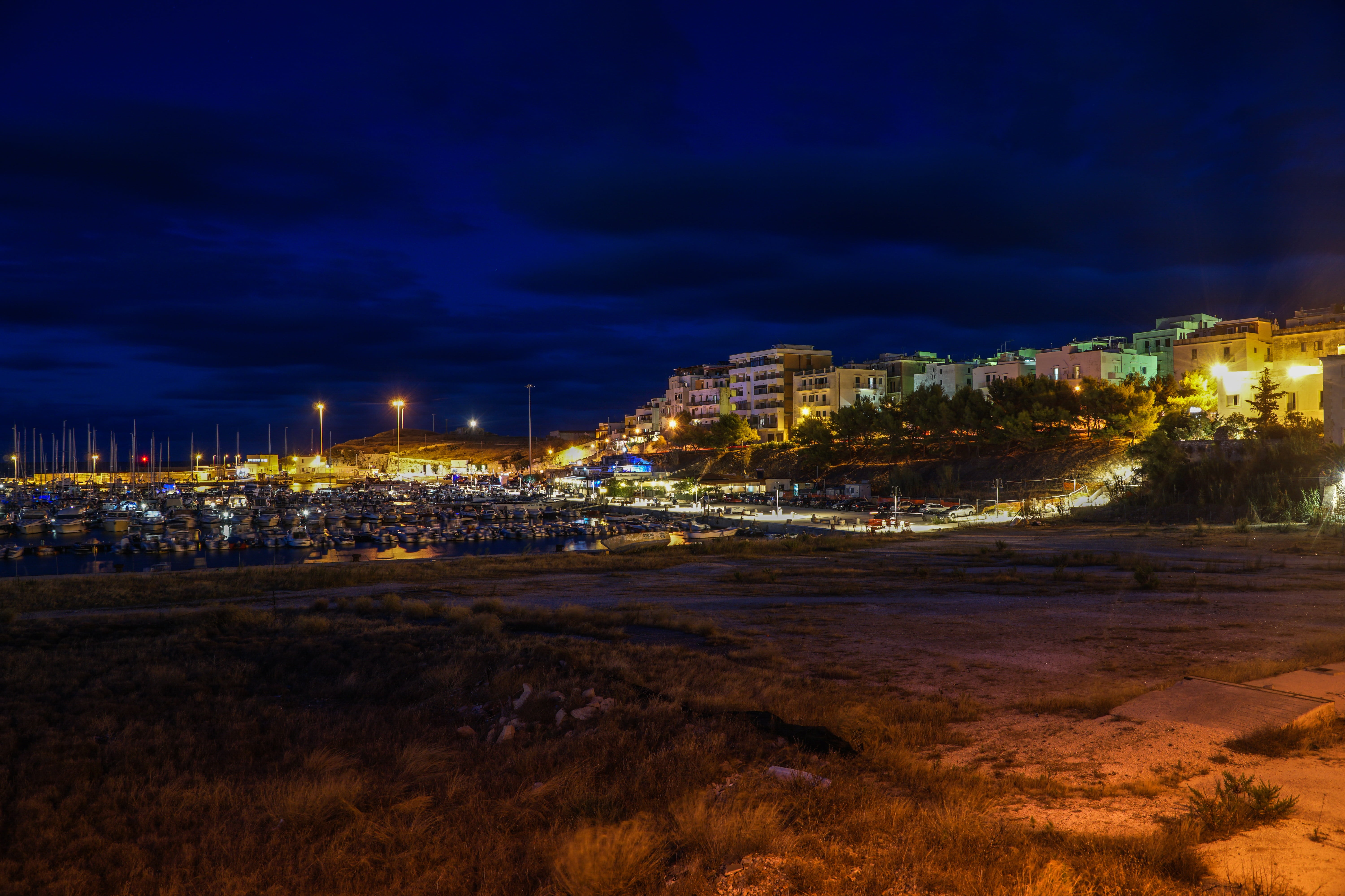 vieste, mood, night, nature, built structure, italy, beach, boats, ship, water, residential district, port, cityscape, evenings, booked, outdoors, sea, HD Wallpaper